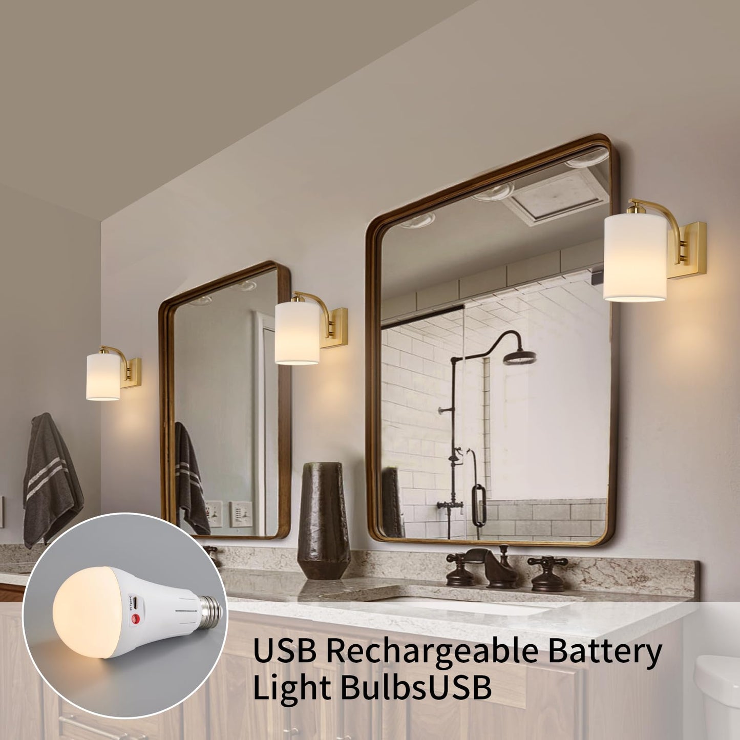Powfloven Gold Rechargeable Battery Operated Wall Sconces Set of 2 with Remote, Wireless Dimmable Battery Powered LED Wall Lights, Cordless Wall Lighting Lamp Fixture for Bedroom Living Room