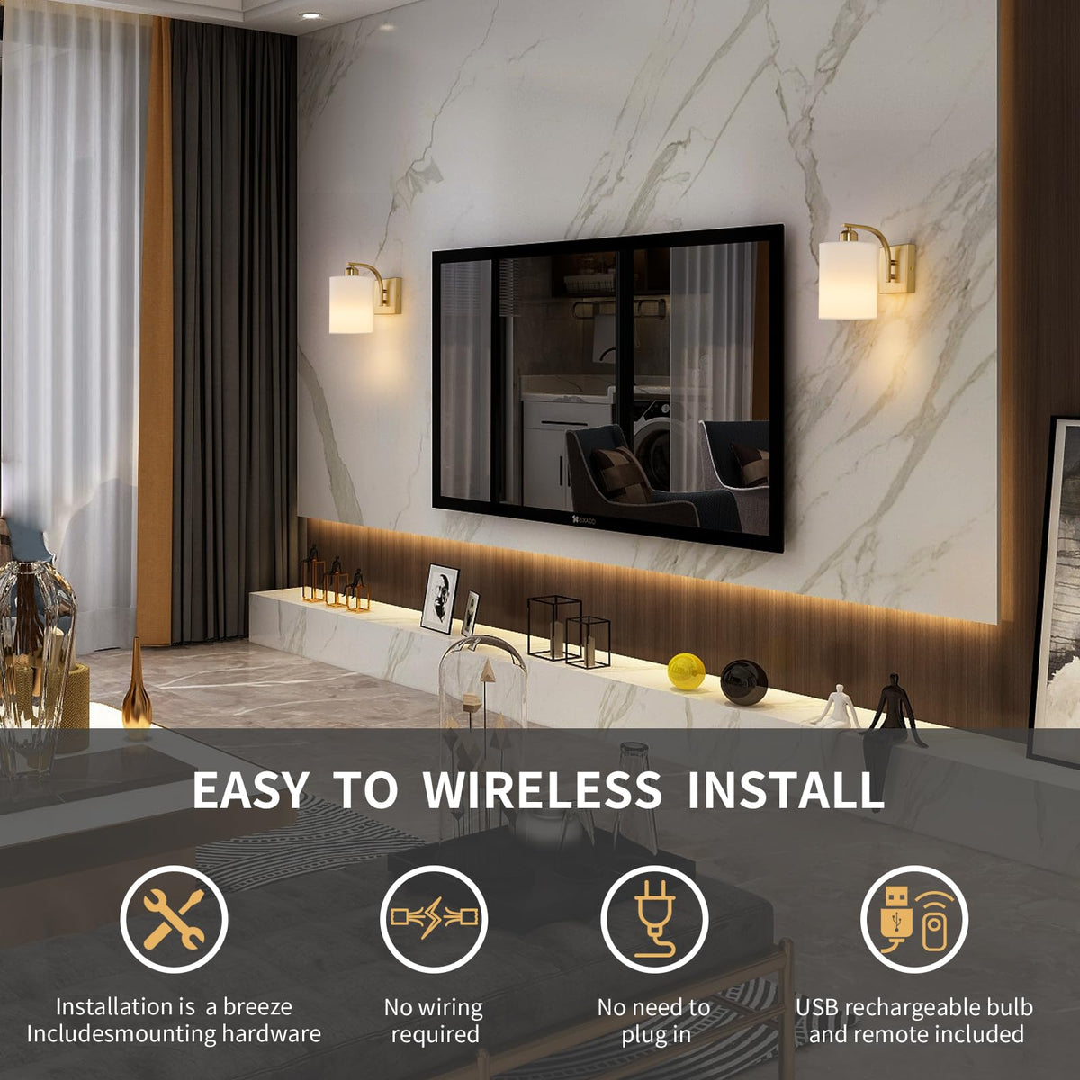 Powfloven Gold Rechargeable Battery Operated Wall Sconces Set of 2 with Remote, Wireless Dimmable Battery Powered LED Wall Lights, Cordless Wall Lighting Lamp Fixture for Bedroom Living Room