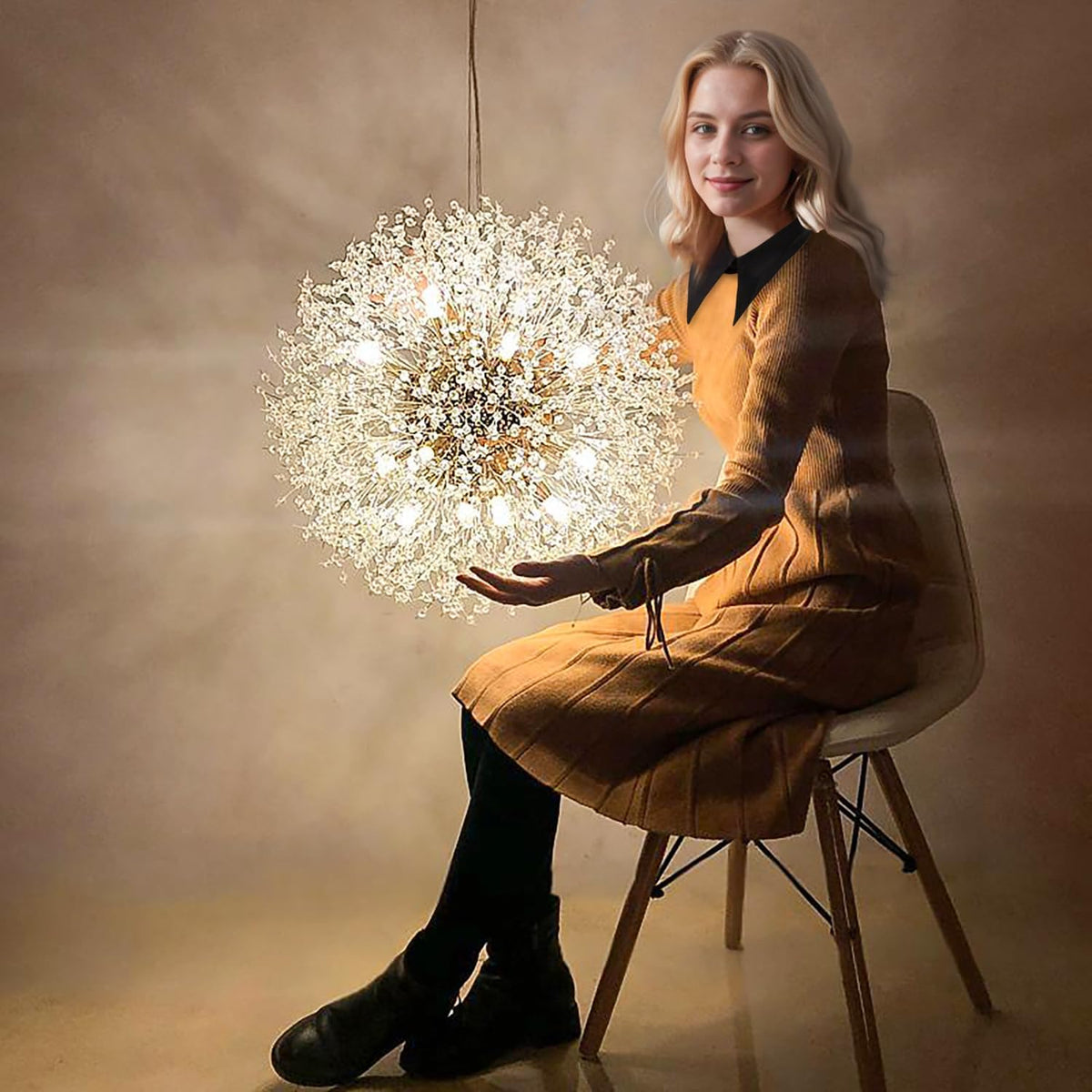 Gold Crystal Chandelier 22 Inch Modern Ceiling Light, Dandelion Firework Semi Flush Mount Pendant with G9 Socket, 12-Light Adjustable Hanging Chandelier for Dining Room Living Room Kitchen Foyer