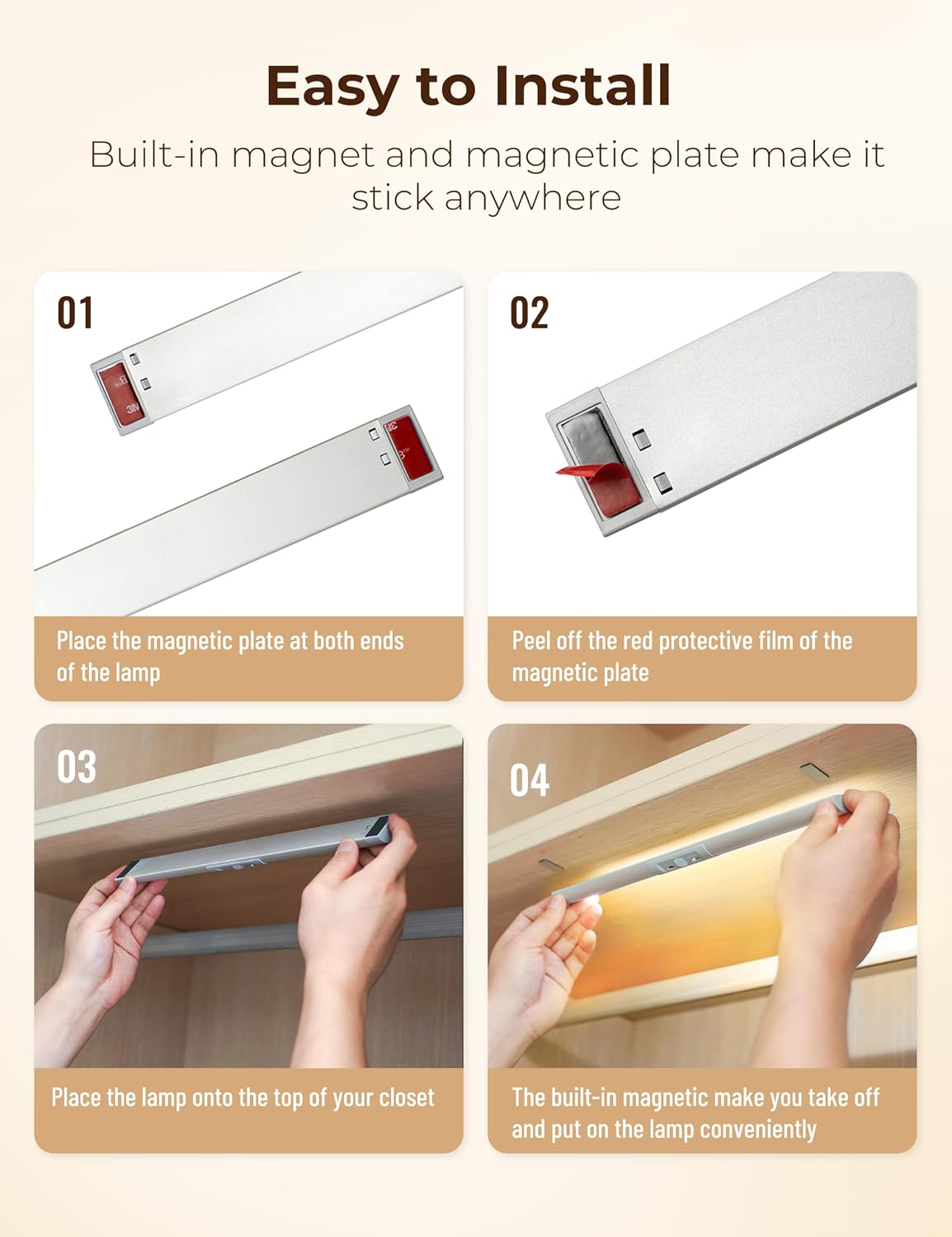 Joyzy Automatic Motion Sensor Closet Lighting with Eye-Protection Design, LED Closet Lights for Stair Step Wireless Light, Rechargeable Wardrobe Pantry Lights (2pack with Warm Lighting)