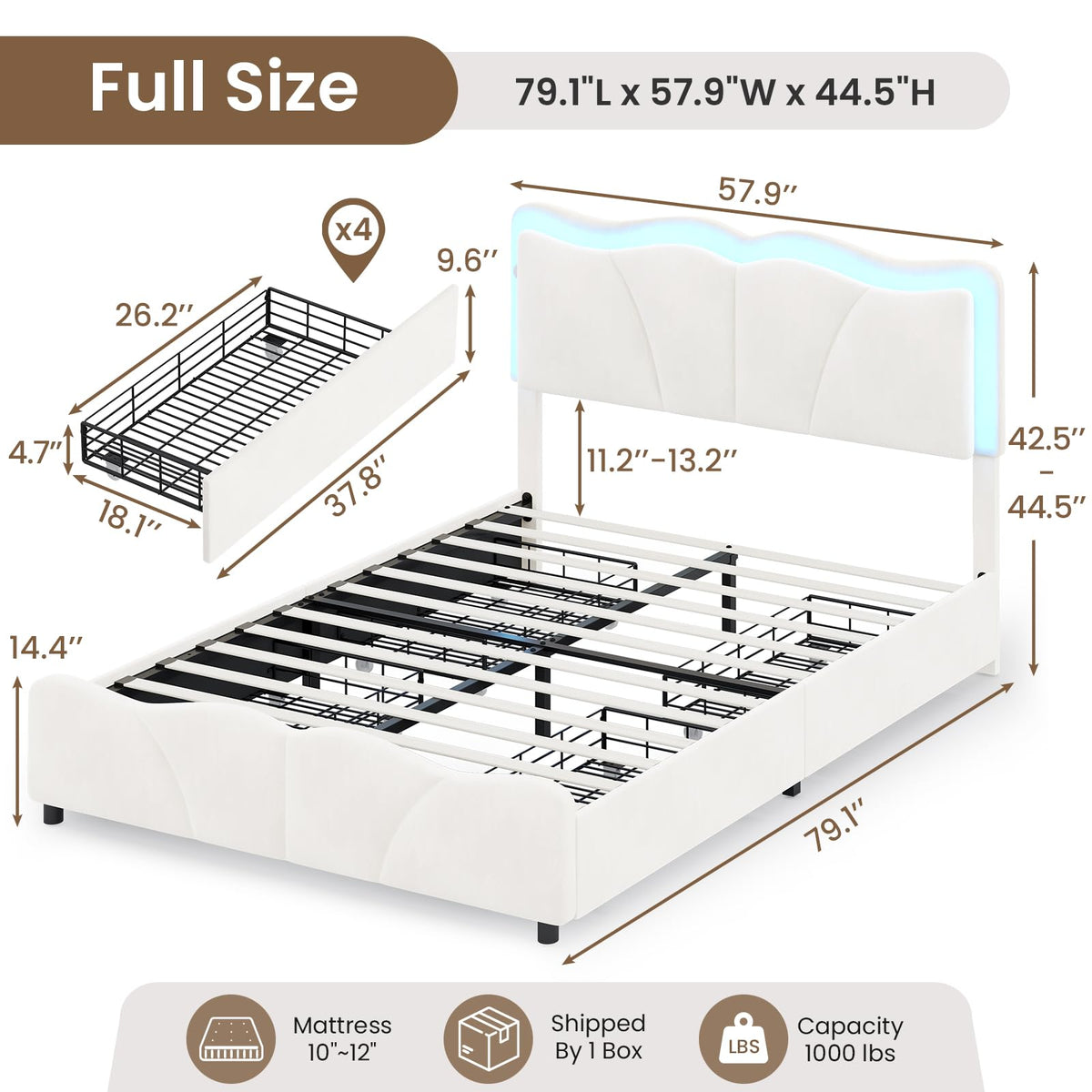 Full Size Upholstered LED Bed Frame with Adjustable Chic Petal Headboard, Velvet Platform Storage Bedframe with 4 Drawers and Charging Station, No Box Spring Needed, Wooden Slats Support, Beige