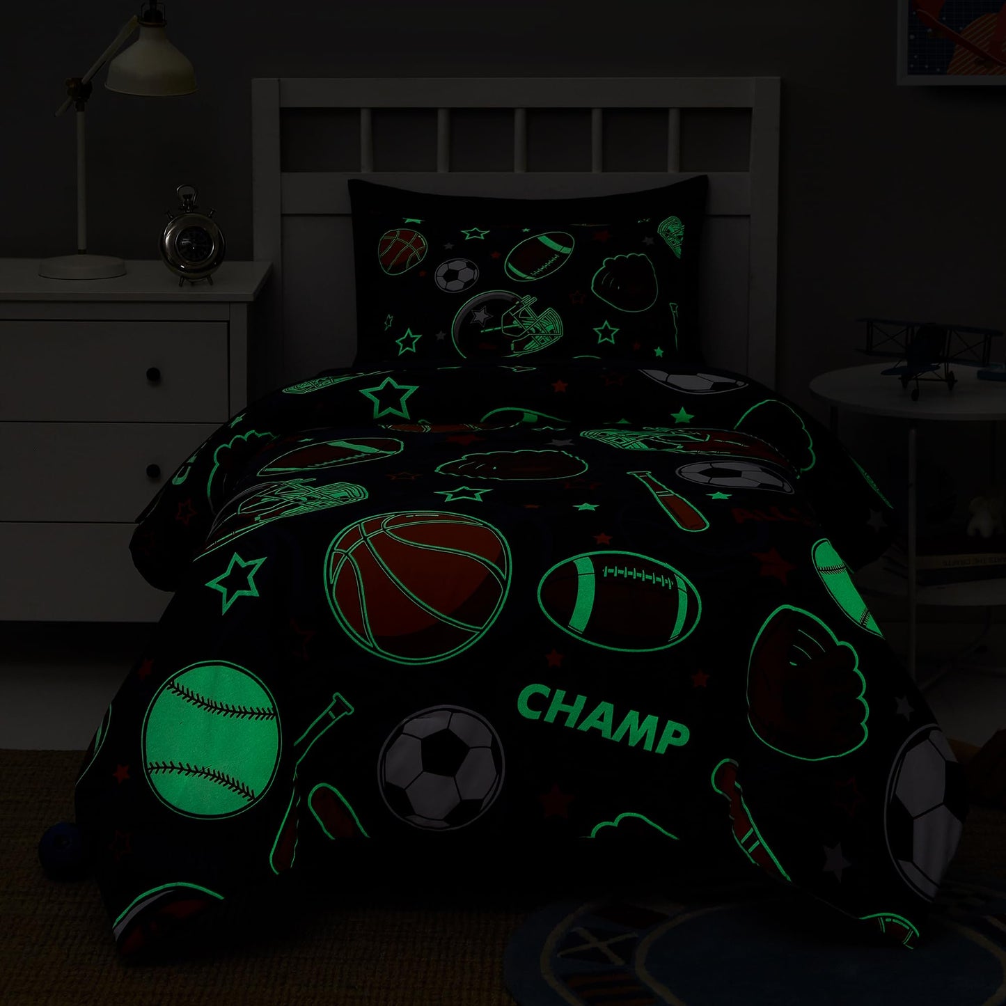 Kaleido Space Twin Kids Comforter Set - 5 Pieces Twin Bedding Sets for Boys Girls Teen, Glow in The Dark Sports Ball Games Bed in A Bag with Sheets