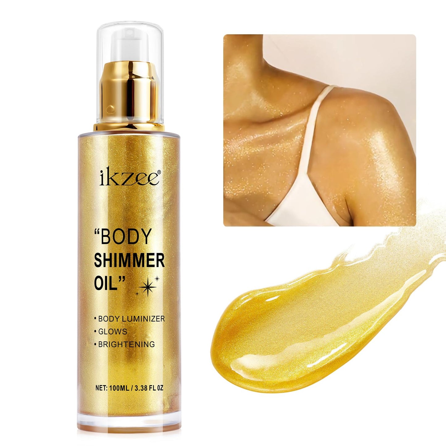 Body Shimmer Oil 100ml, Moisturizing Long Lasting Body Luminizer Face Brighten, Waterproof Liquid Illuminator Body Glitter Oil, Shimmer Glow Highlighter Summer Glowing Taning Makeup (#02 Gold)