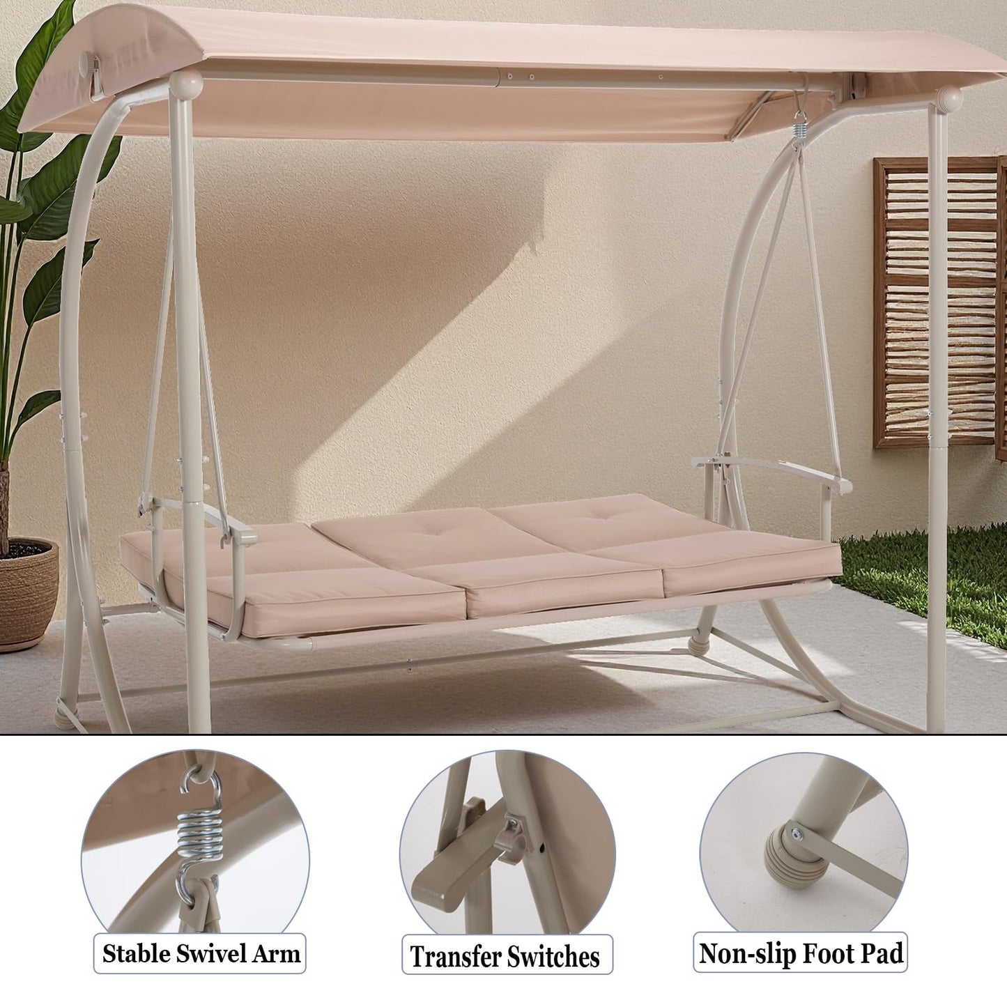 DAYAOUTDOOR Patio Swing with Canopy, Outdoor Swinging with Stand, Backyard Swings for Adults, 2 in 1 Porch Swing Bed, Outdoor Patio Swings,Yard Heavy Duty Covered Patio Swing, Khaki