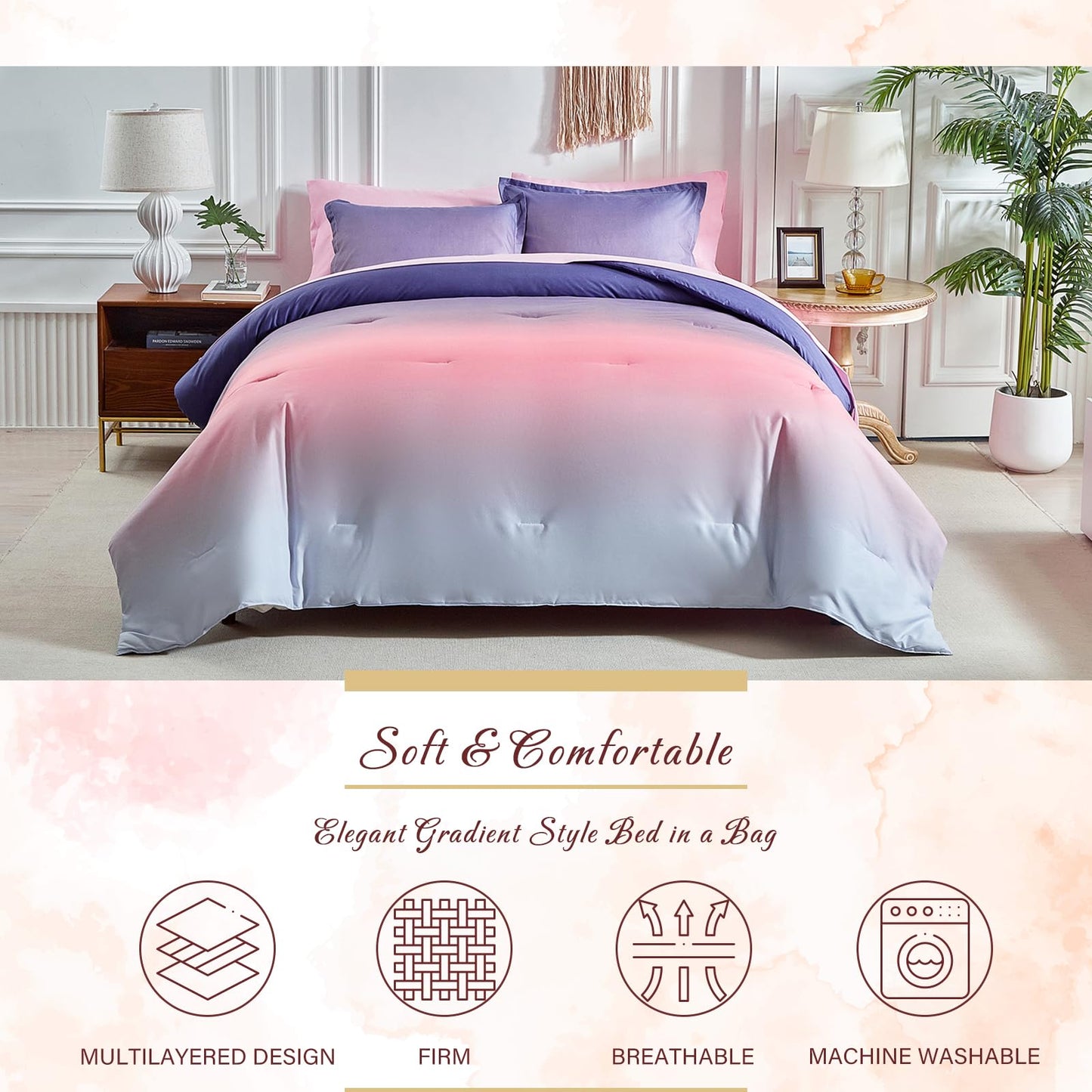 Grey Pink and Purple Gradient Comforter Set Twin Size 6 Pieces Elegant Ombre Bed in a Bag - Reversible All Season Bedding Set with Comforter, Flat Sheet, Fitted Sheet, Pillowcase & 2 Pillow Shams