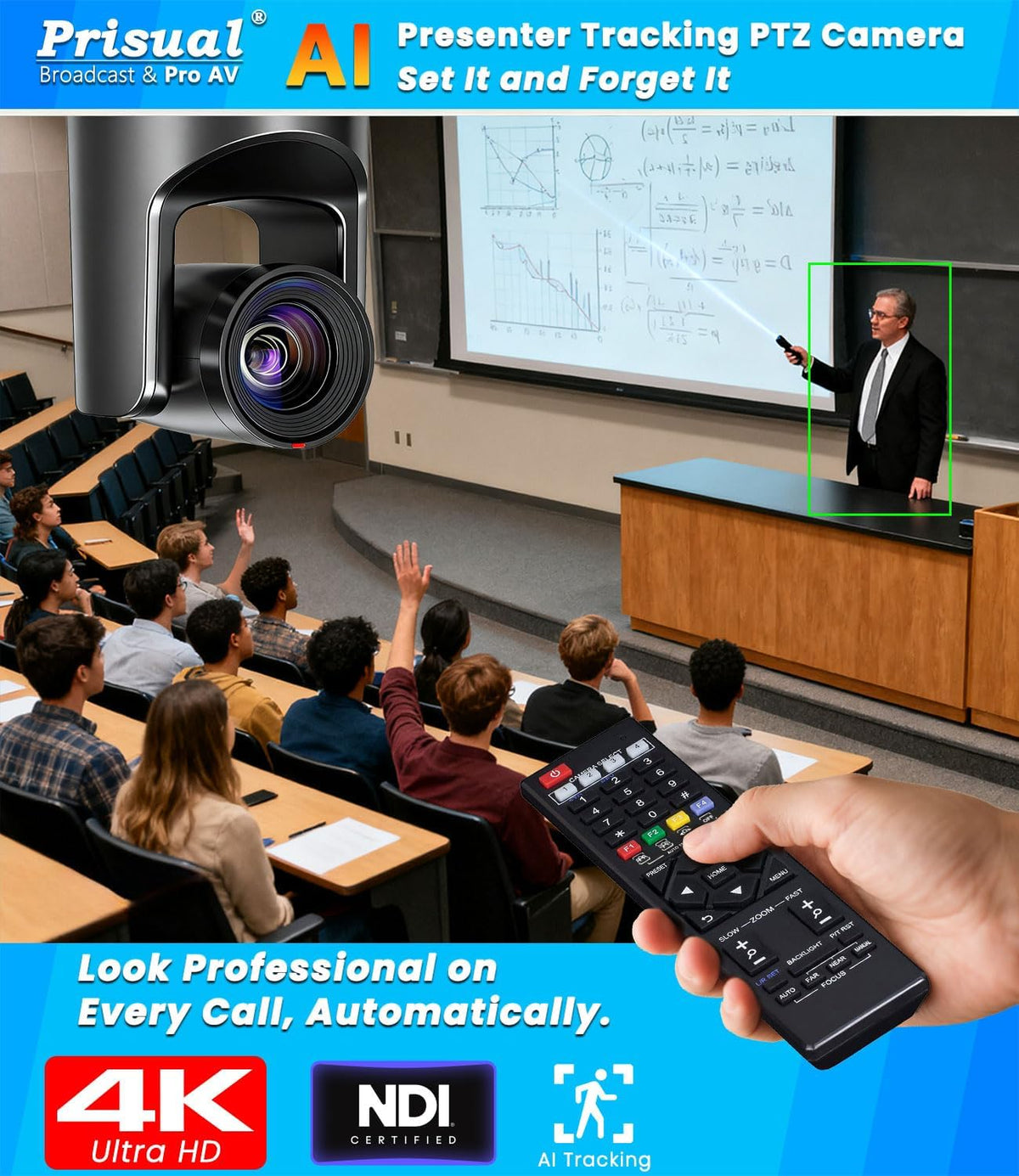 Prisual 4K NDI PTZ Camera, Advanced PTZ Auto Tracking 20X HDMI/USB3.0 PTZ Camera, TURE 4K 1/1.8” UHD 30P with Built-in Tally Light for Church Conference Events, PT20X-4K-N