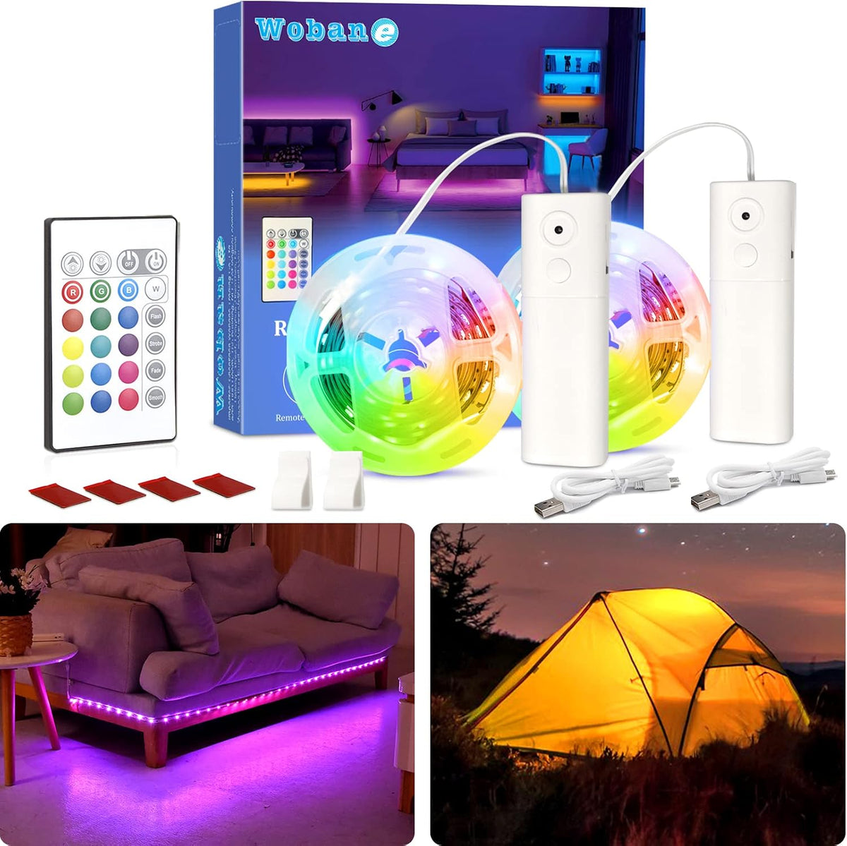 WOBANE 2PCS Rechargeable LED Strip,Dimmable RGB Rope Lighting with Remote