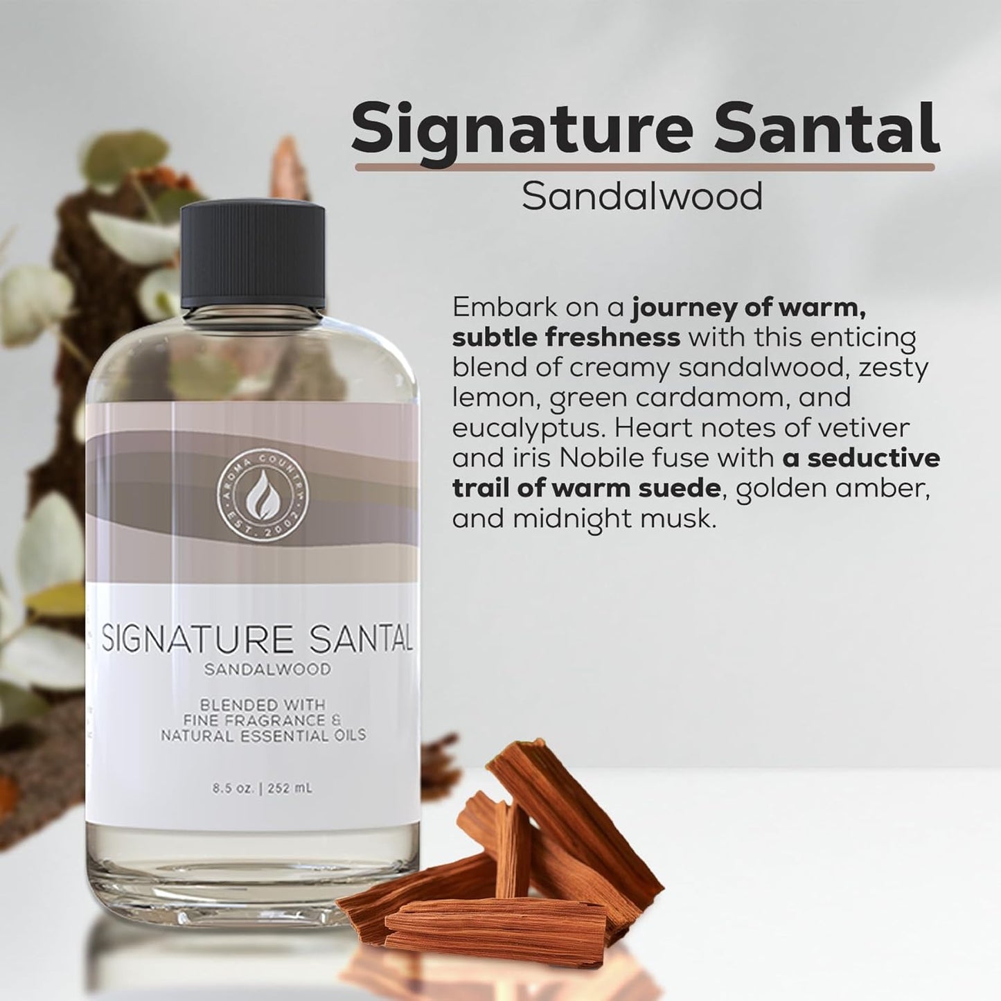 Aroma Country Signature Santal Diffuser Oil - Luxury Essential Oils for Diffuser Refill & Air Freshener Room Spray - Long-Lasting & Natural Home Fragrance, Sandalwood Scented Oil (8.5 Fl. oz)