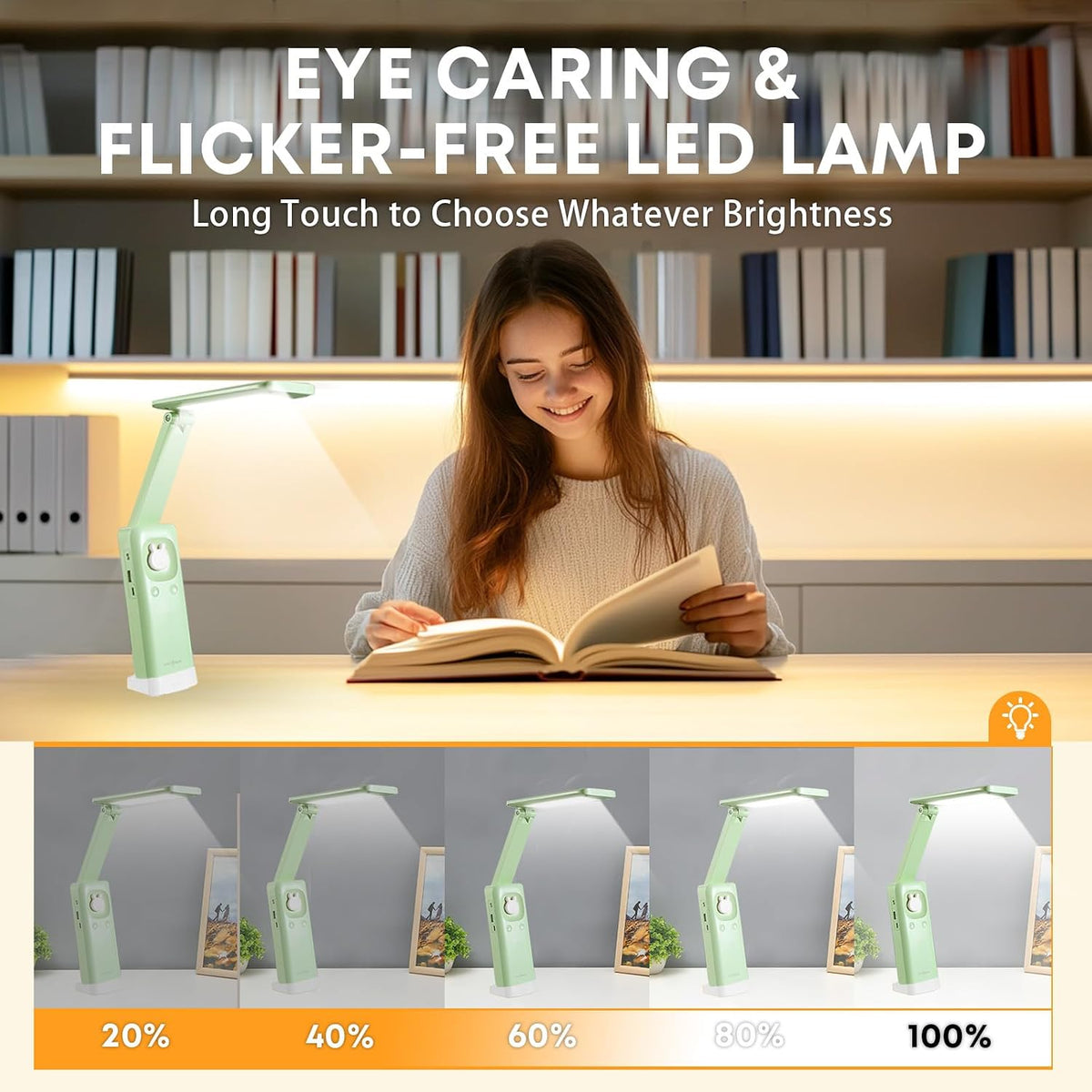 VAVOFO Cute Bunny Desk Lamp, Foldable LED Rechargeable Eye-Caring Reading Light, 3 Color Modes Dimmable Night Light for Kids Girls Bedroom Study Dorm Room (Mint Green)