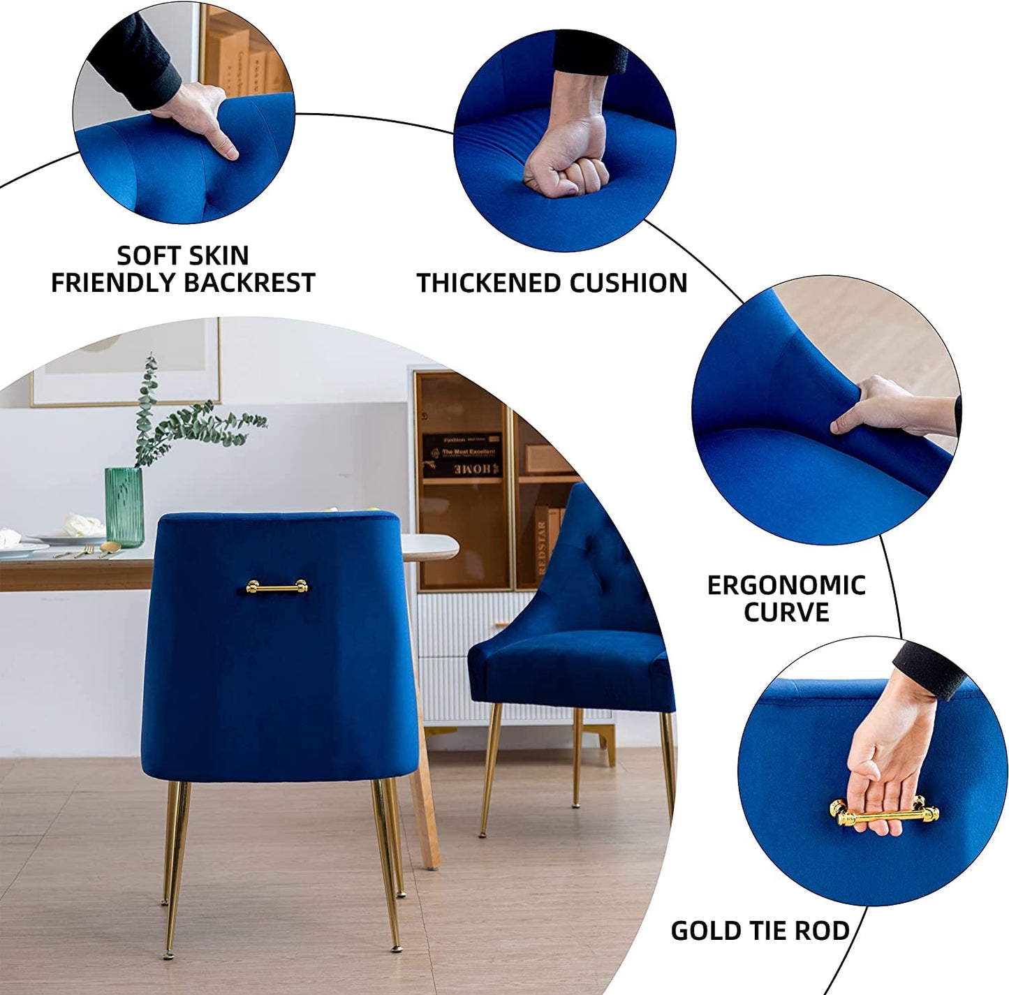 LONXIU Modern Dining Chair Set of 4, Mid-Century Room Chair, Upholstered Comfortable Velvet with Back Pull Rod and Metal Legs for Kitchen, Dining, Living (Blue) (DYXSD)