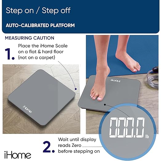 iHome Digital Scale, Bathroom Scale, Batteries Included, Scale Body Weight, Weight Scale, Digital Scale, Bathroom Scales for Weight, Digital Scales for Body Weight, Weight Scales Bathroom (Grey)