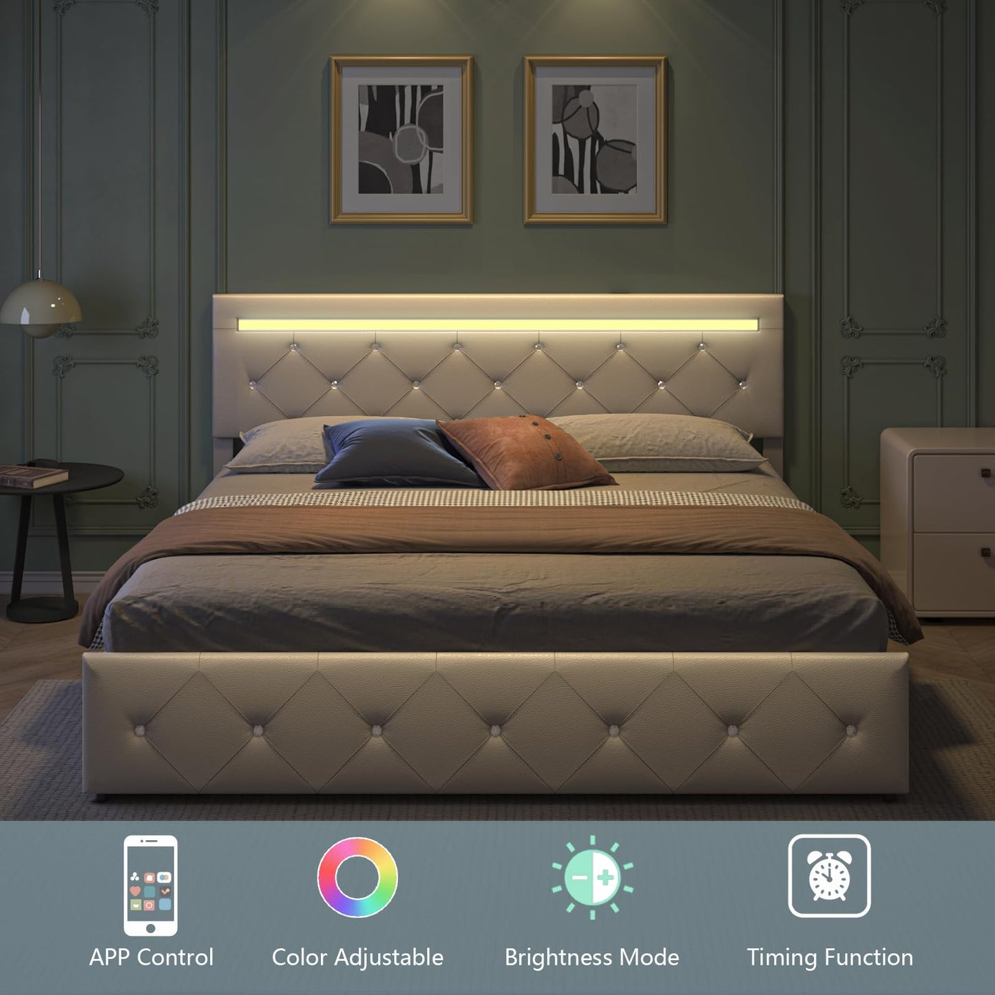 Forrise Bed Frame Queen Size with Storage Drawers and LED Light, 2 Sockets and 2 USB Ports, Adjustable Headboard with PU Leather Upholstered, No Box Spring Needed, Wooden Slats Support, White.