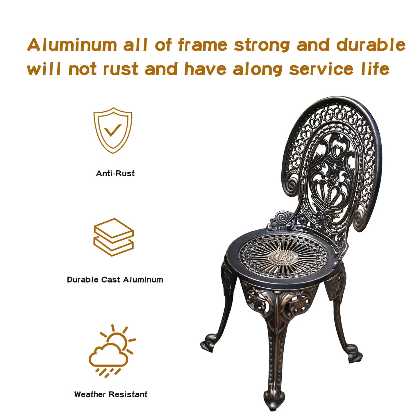 JARDIN DE CENTENNIAL Patio Bistro Set.Rust-Resistant Cast Aluminum Bistro Table Set with Umbrella Hole for Backyard (Crown Copper)