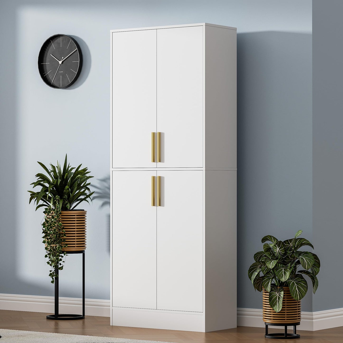 Housoul 71" Tall Pantry Cabinet with 4 Doors, Kitchen Pantry Storage Cabinet, Freestanding Larder Cupboard, Kitchen Hutch with Gold Handles for Dining Room, Bathroom, White