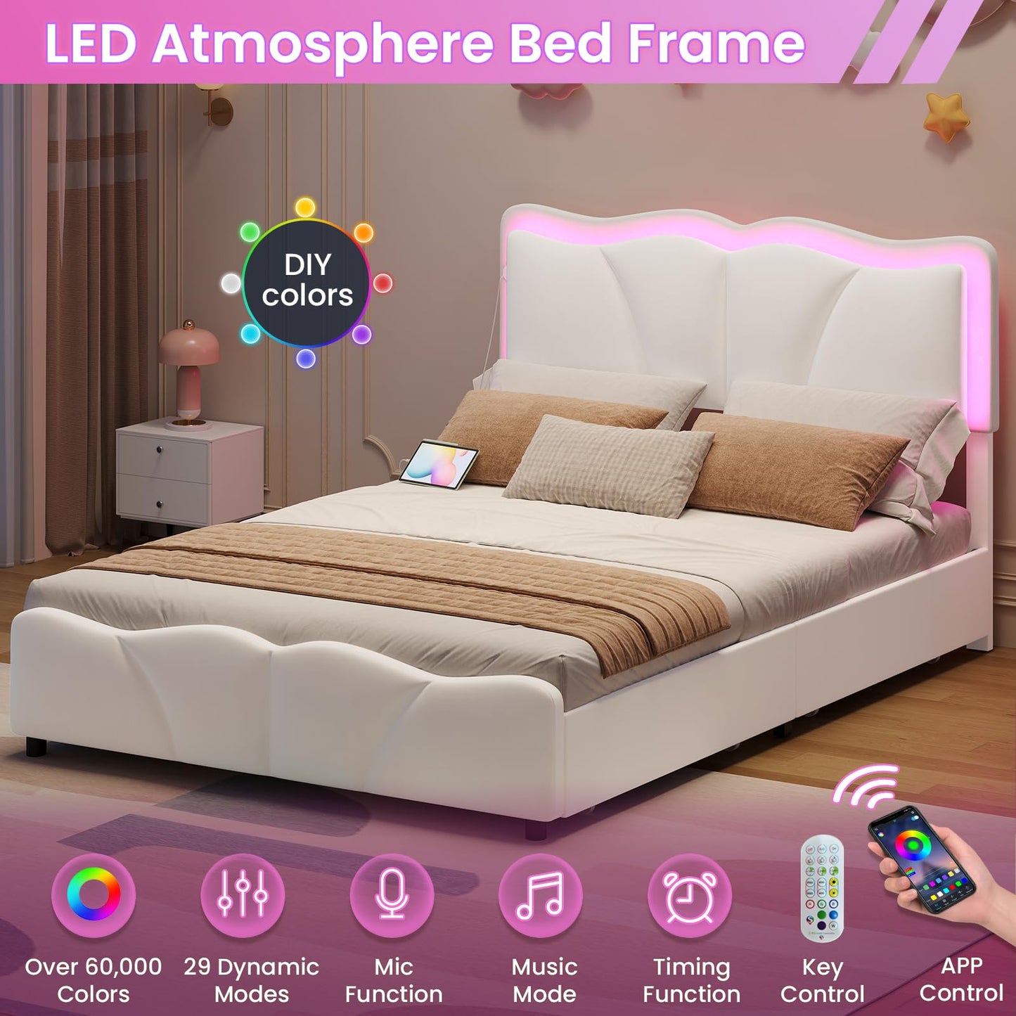 Full Size Upholstered LED Bed Frame with Adjustable Chic Petal Headboard, Velvet Platform Storage Bedframe with 4 Drawers and Charging Station, No Box Spring Needed, Wooden Slats Support, Beige