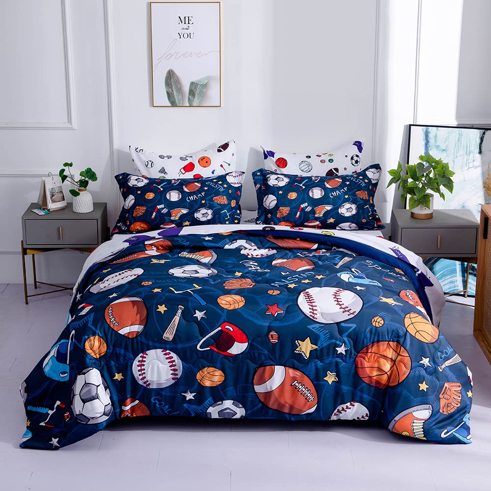 Wajade Sports Comforter Set Bed in A Bag Full Size 7 Piece 3D Soccer Basketball Baseball Football Bedding Set for Kids Boys (1 Comforter, 1 Flat Sheet, 1 Fitted Sheet, 2 Pillowcase and 2 Pillow Sham)
