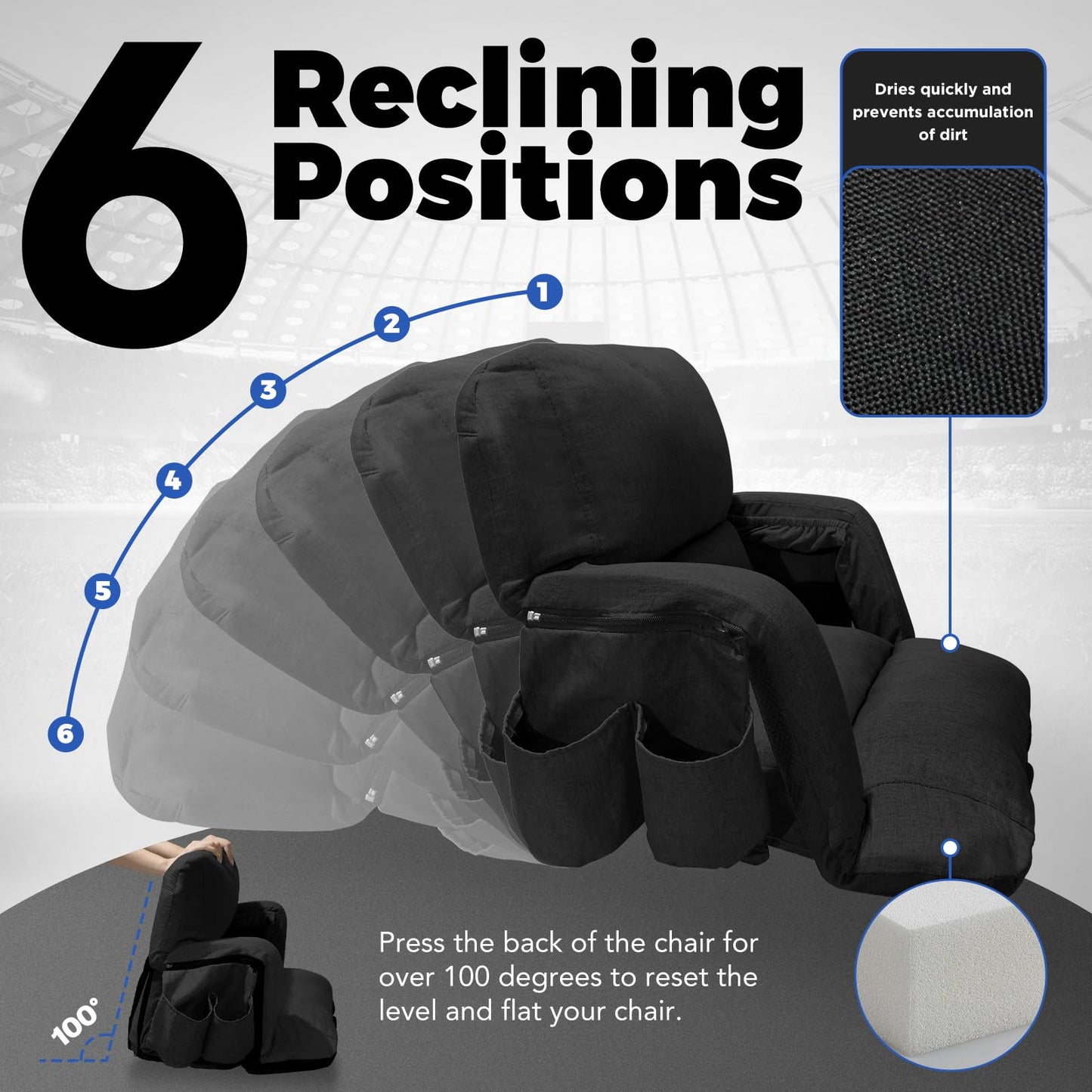 Extra Wide Stadium Seats With Back Support 2 Pack, Exclusive "Sofa Style" Design Thick Bleacher Chairs With Back and Cushion, 6 Reclining Positions - Ultimate Comfort for Sports Events (Black, 25")