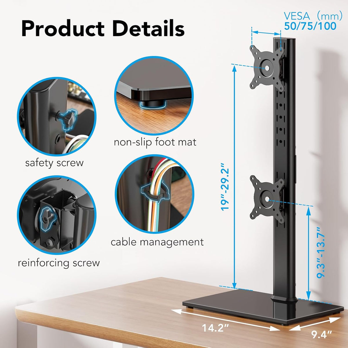 AX WABER Dual Monitor Stand Vertical Stack Screen Free-Standing Desk Mount Arm Riser Fits Two 13 to 34 Inch Computer Monitors with Swivel,Tilt, Height Adjustable,VESA Stand 100x100mm, 75x75mm AX05TB02