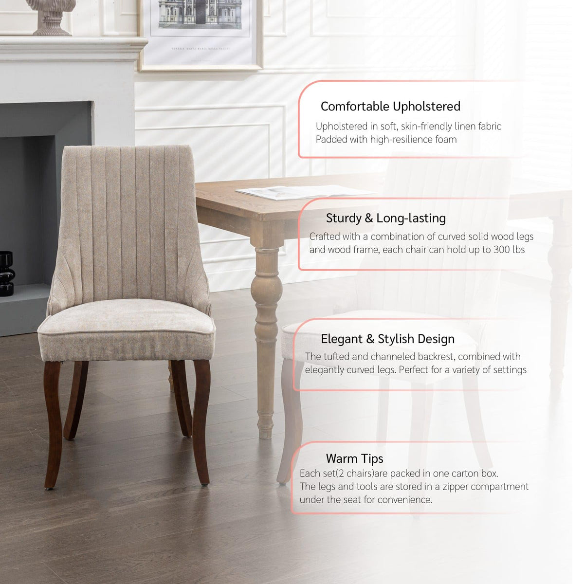 BEIDOR Dining Chairs Set of 6,Comfy Fabric Upholstered Accent Chairs for Kitchen Living Room,Channel Tufted Dining Room Chairs with Curved Solid Wood Legs(Beige)