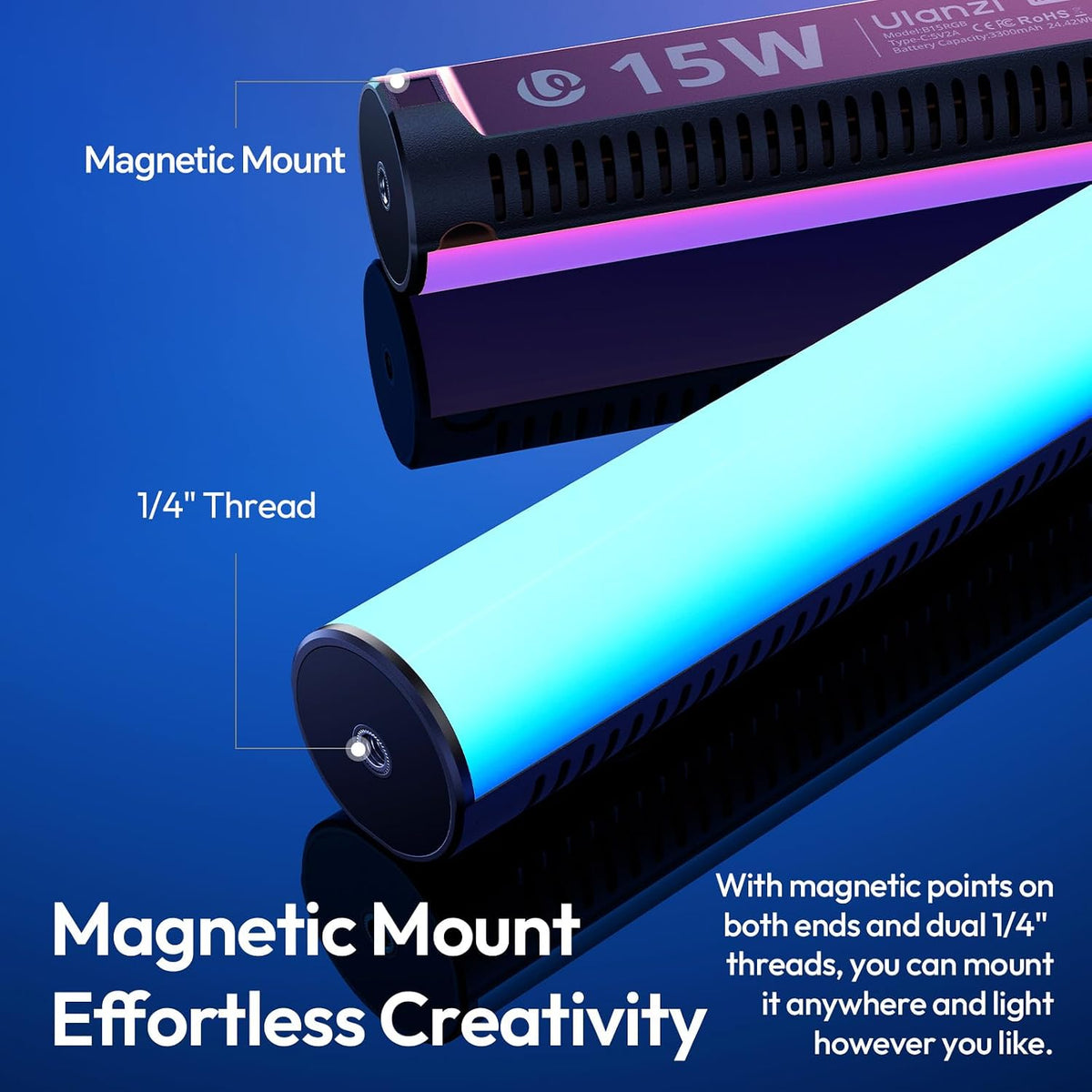 ULANZI B15RGB Magnetic RGB Light Wand - Handheld LED Video Light Stick with Diffuser, 3300mAh 1800-9000K 20 Effect Dimmable Camera Tube Light for Video Recording Studio Photography TikTok YouTube Vlog