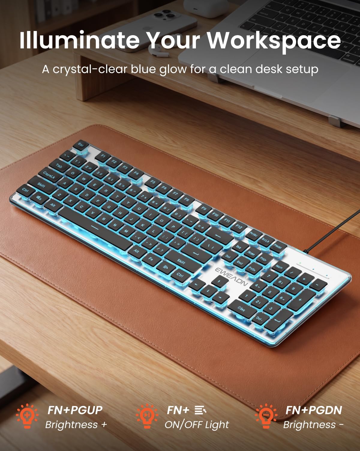 Wired Keyboard with Blue Backlight Pudding Keycaps, Full Size, Black