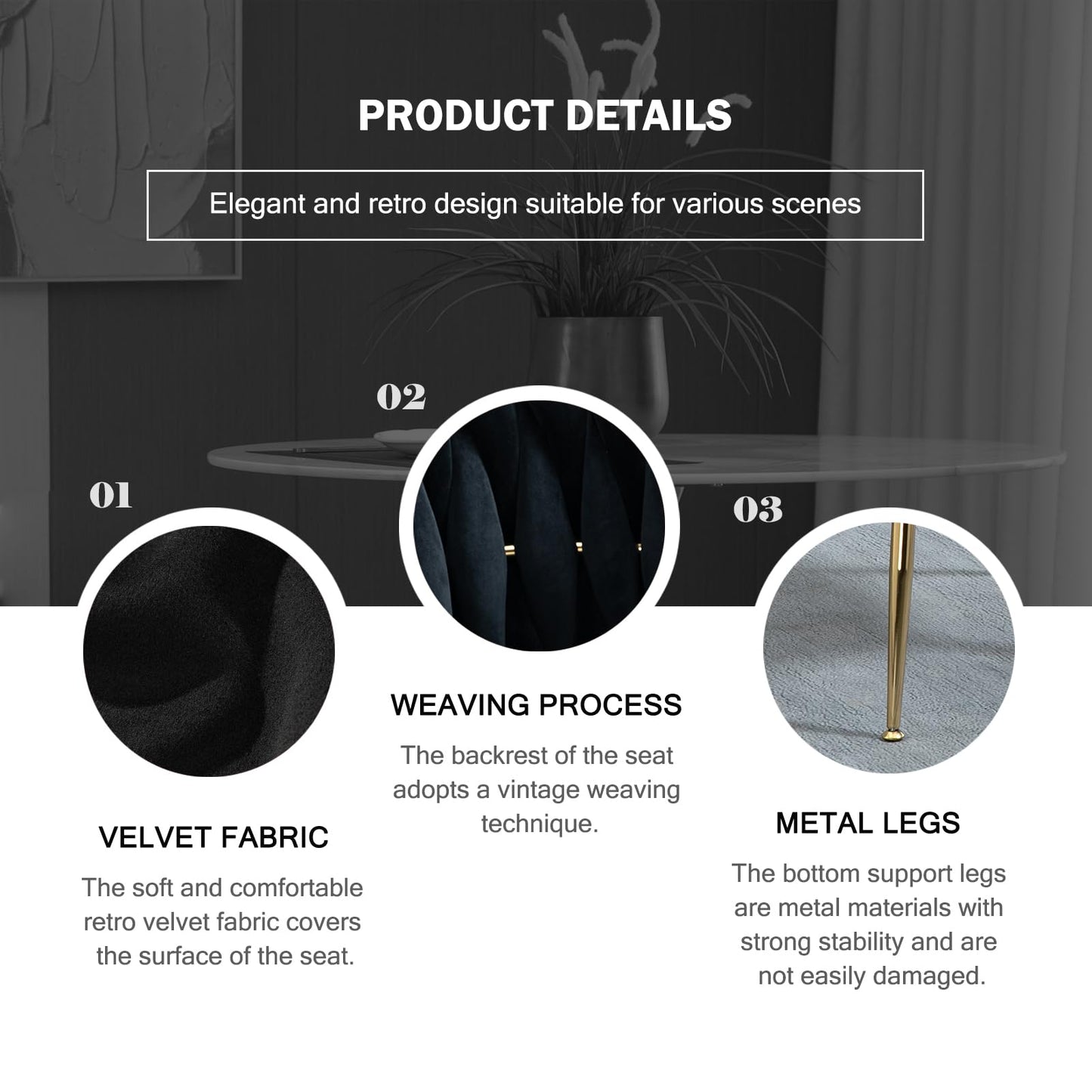 ECHINGLE Velvet Dining Chairs Set of 4, Modern Upholstered Woven Dining Chairs with Gold Metal Legs, Modern Accent Chairs for Dining Room, Vanity, Kitchen, Living Room(Black)