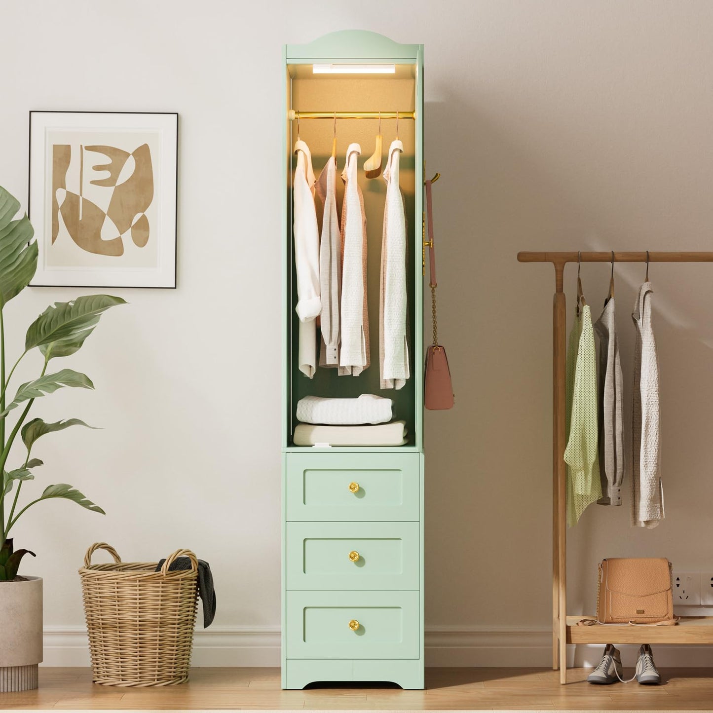 JanflyHome Armoire Wardrobe Closet, 69.5" H Wood Bedroom Armoires Cabinet with Mirror Door and 3 Drawers, Green Clothing Storage Cabinet with Hanging Rod & Sensor Light for Bedroom-Left