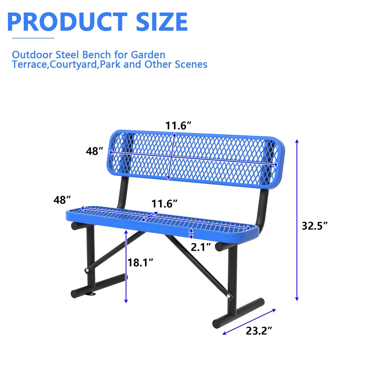 HIMcup 4 Feet Park Benches for Outside,Heavy Duty Patio Garden School Commercial Benches, Weatherproof Outdoor Bench Metal Blue Outdoor Bench, Outdoor Steel Bench with Backrest,48x23.2x32.5inch
