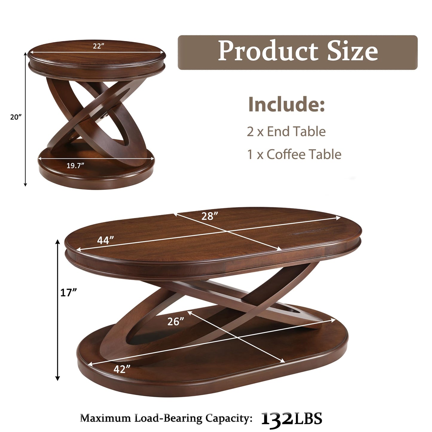 LKTART Wood Coffee Table Set of 3, Oval Coffee Table and Round End Tables Living Room Set of 2, Vintage Side Table with X-Shape Support,Walnut