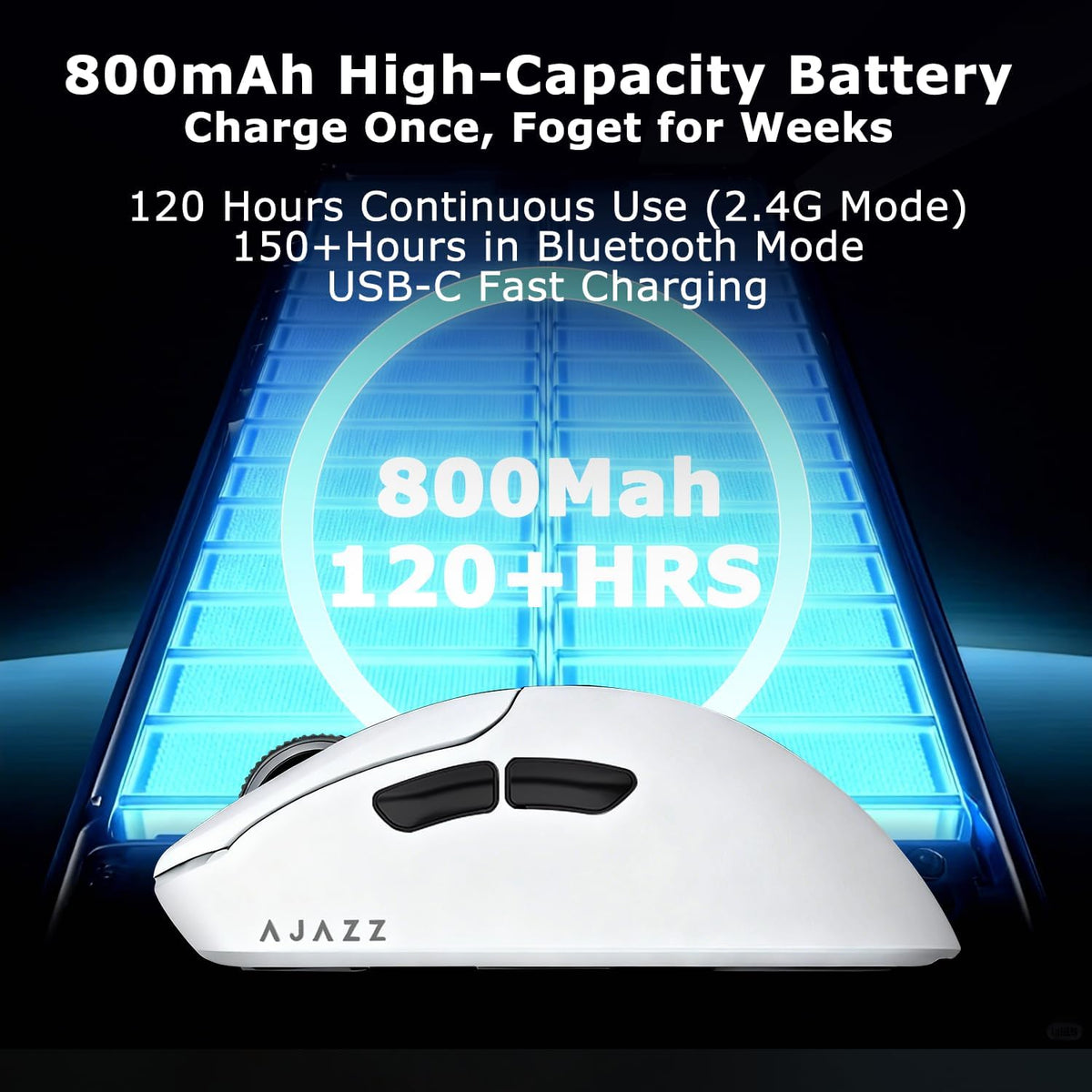 AJ179 V2 Wireless Gaming Mouse, Tri-Mode 2.4G/Bluetooth/Wired, 800mAh Battery Inside a 61g Ultra-Light Shell, 24000 DPI, 6 Programmable Buttons, Right-Handed Ergonomic, On-Board Memory – White