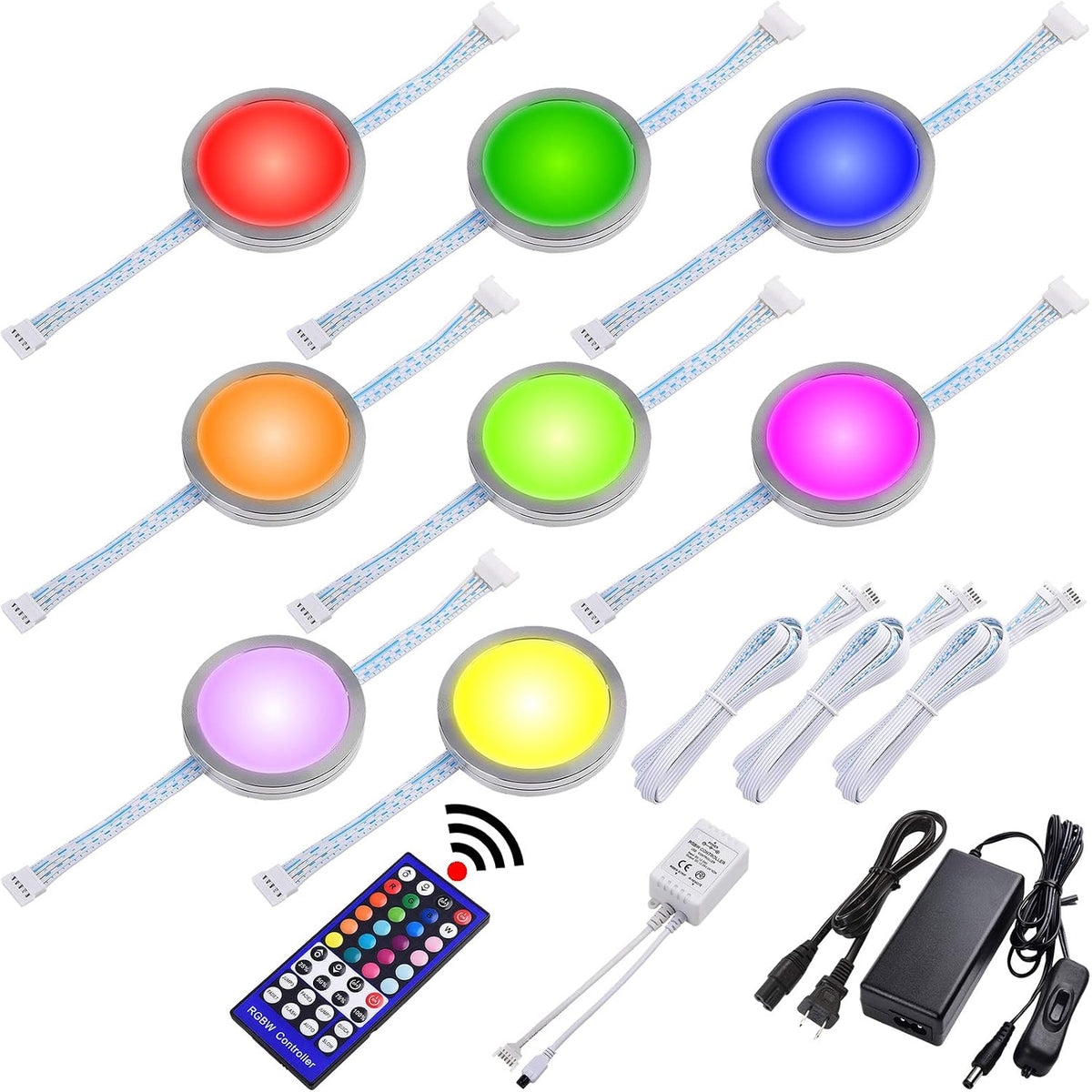 RGBWW Under Cabinet LED Puck Lights Kit Dimmable, 120VAC Plug-in, 8 Lights