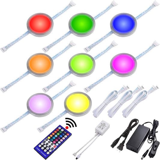 RGBWW Under Cabinet LED Puck Lights Kit Dimmable, 120VAC Plug-in, 8 Lights