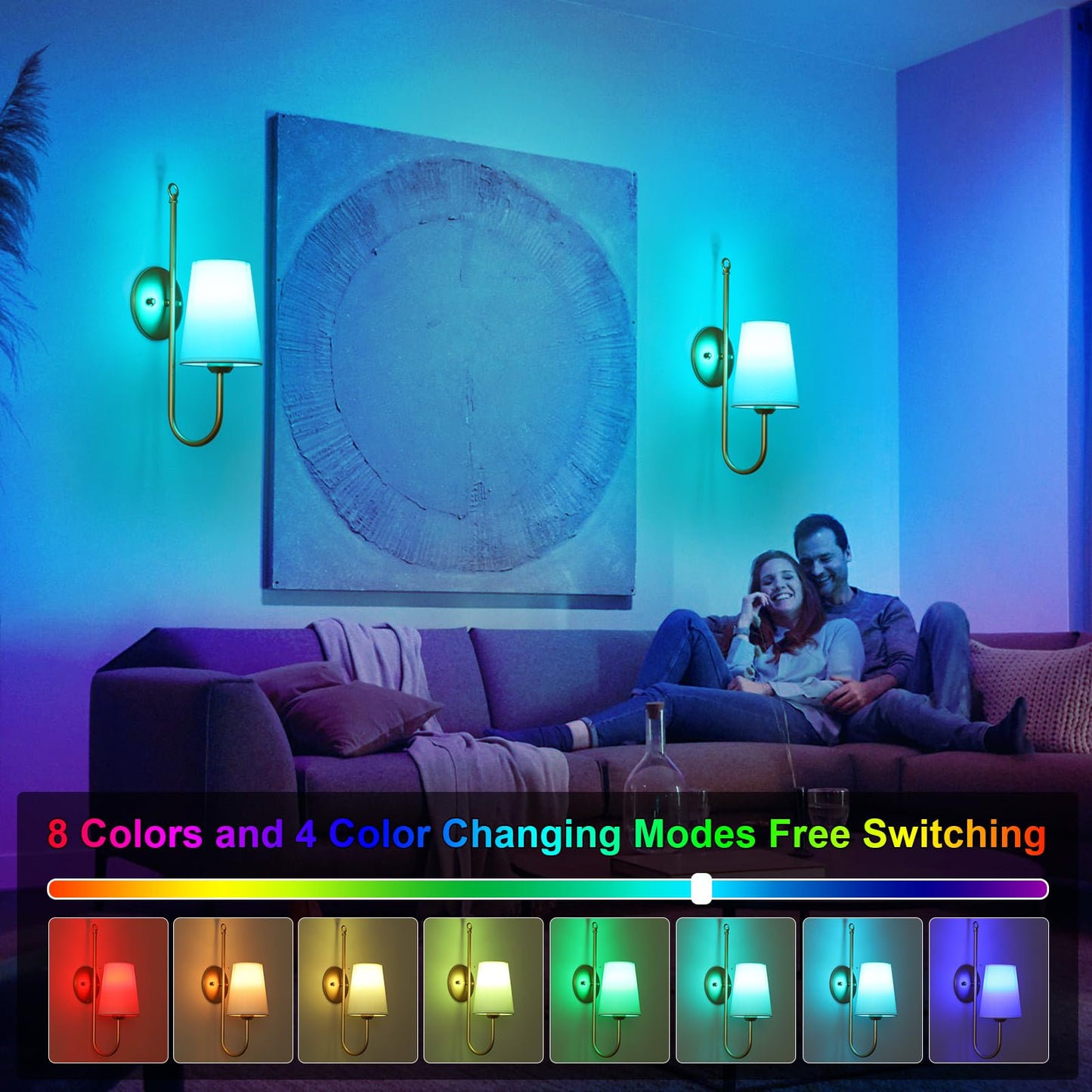 Battery Operated Wall Sconces Set of Two, Wireless Rechargeable Wall Lights with Remotes and RGB Bulbs, Gold Sconces Wall Decor Set of 2, Battery Powered Wall Sconce, Wall Lamp for Bedroom Living Room