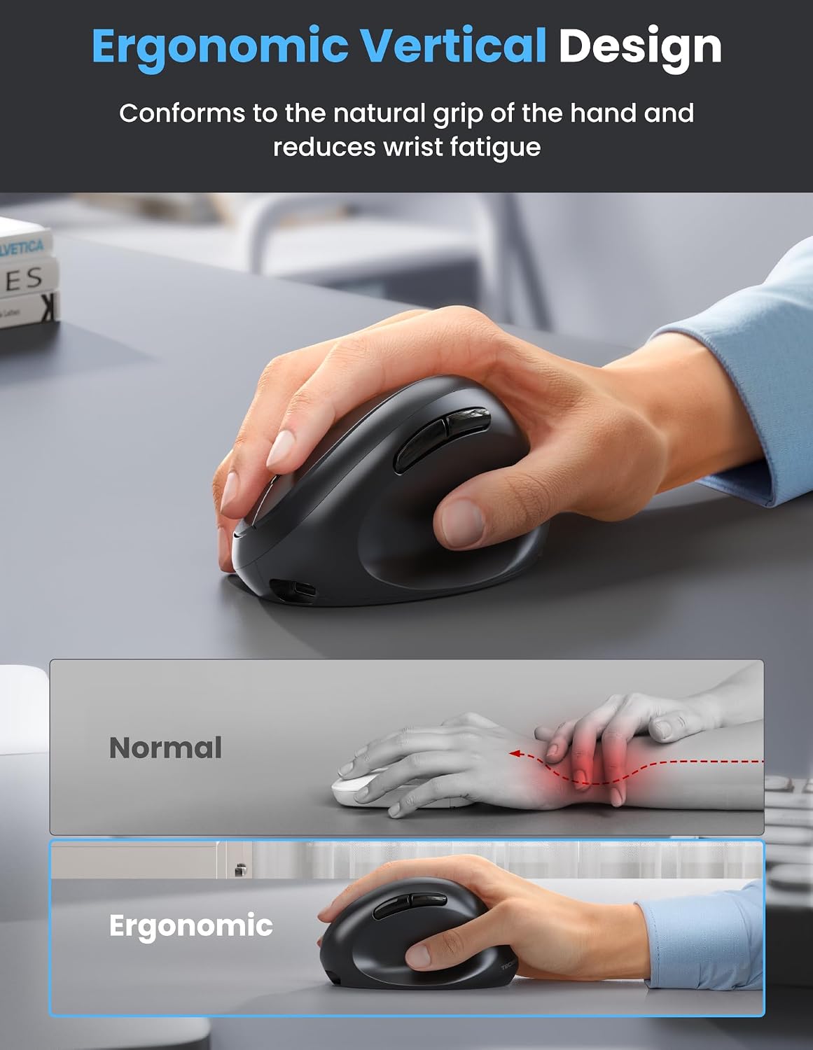 TECKNET Ergonomic Mouse, Bluetooth Wireless Vertical Mouse, Rechargeable Battery, Quiet Clicks, 4800 DPI Adjustable, BT5.0/3.0 & 2.4G Connect, Easy to use, Wide Compatibility - Black