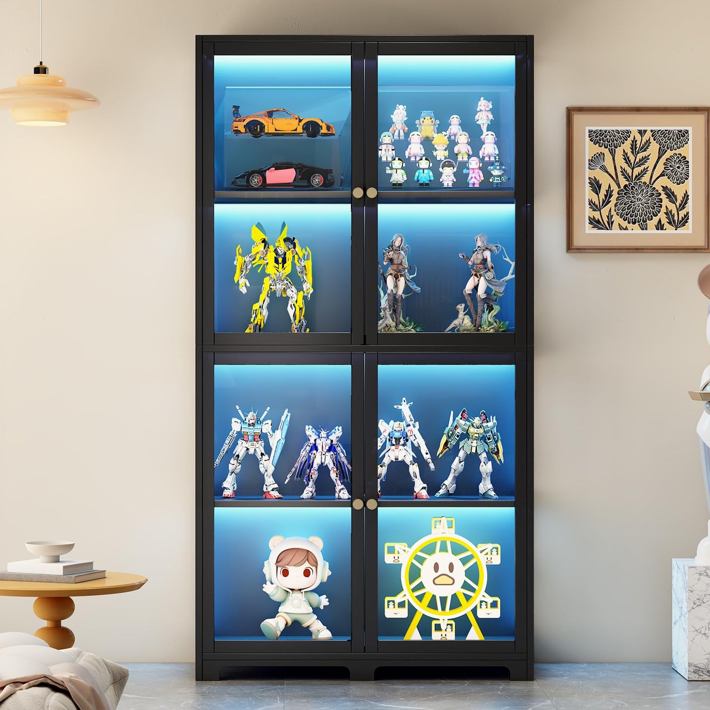 Display Cabinet with Acrylic Glass Doors, 4-Tier Curio Display Case, Transparent Bamboo Curio Display Case for Figures, Storage Cabinet for Collectibles, Bedroom, Office, Playroom