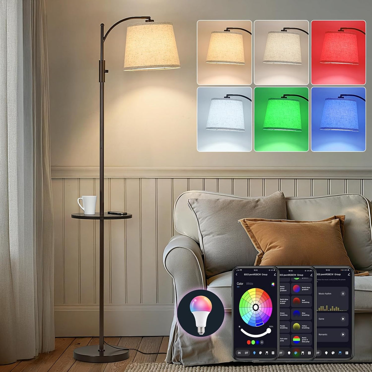 AIDENOEY Smart Floor Lamp with Side Table | Stepless Dimming, RGB Multi-Color | Adjustable Swivel Head | Voice Control with Alexa & Google Assistant |Brown Lamp for Living Room,Bedroom,Home Office