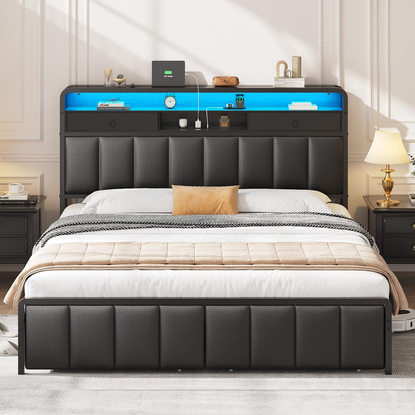 Brinlawb King Bed Frame with Drawers & Storage Headboard, Bed Frame King Size with Charging Station & LED Light, Upholstered Platform Bed, Metal Frame Support, No Box Spring Needed, Noise Free, Black