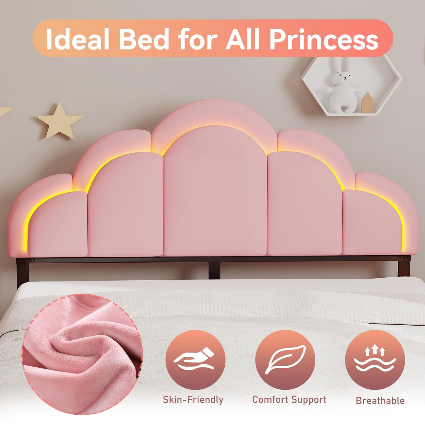 SADENICEL Twin Upholstered LED Bed Frame with Storage Drawer, Chic Double Wavy Headboard, Velvet Princess Platform Bed, Solid Wood Slats Support,No Box Spring Needed, Pink