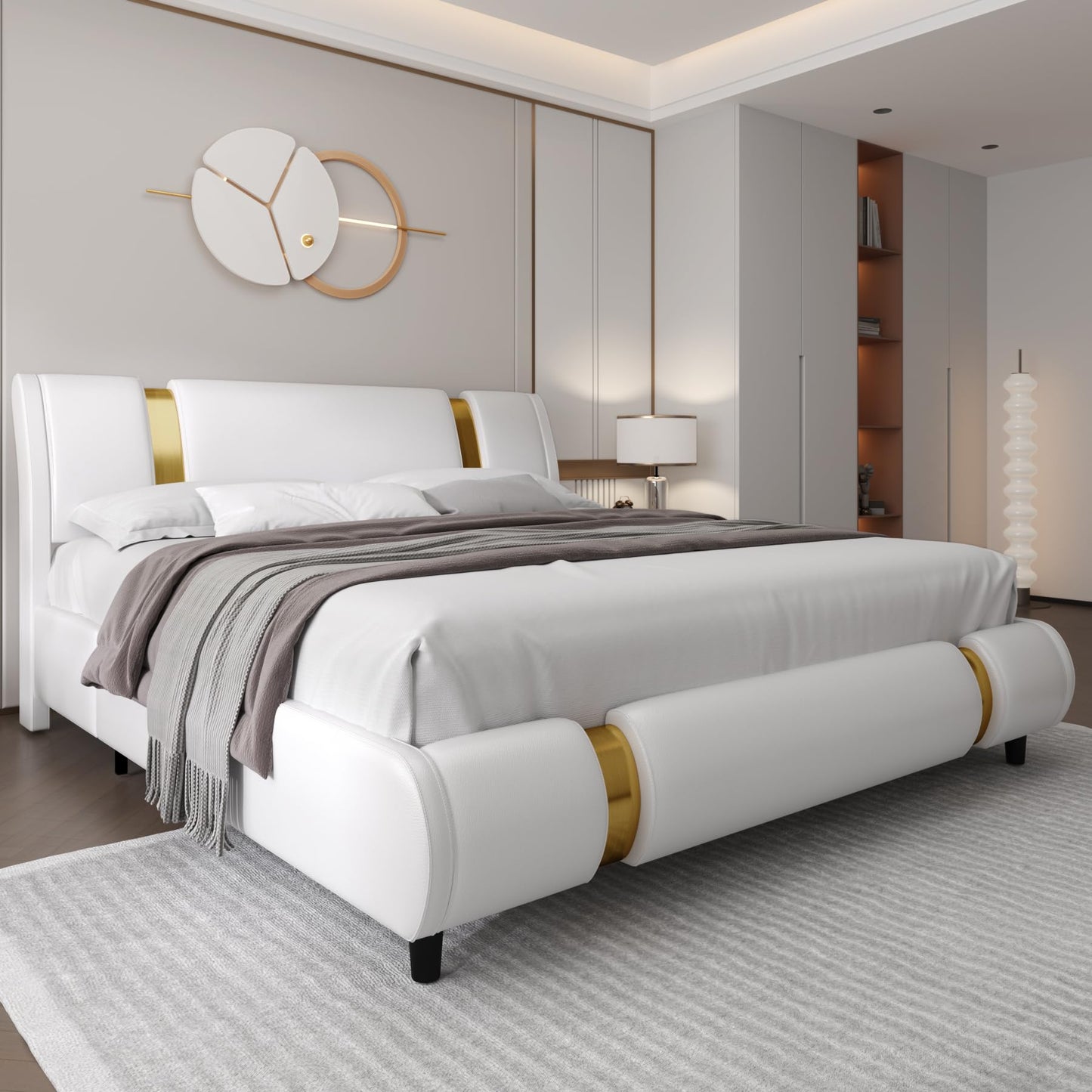 TTVIEW Modern Faux Leather Upholstered Platform Bed Frame with Golden Iron Metal Decor, Adjustable Curved Headboard, Wooden Slats Support, No Box Spring Needed, Queen Size, White