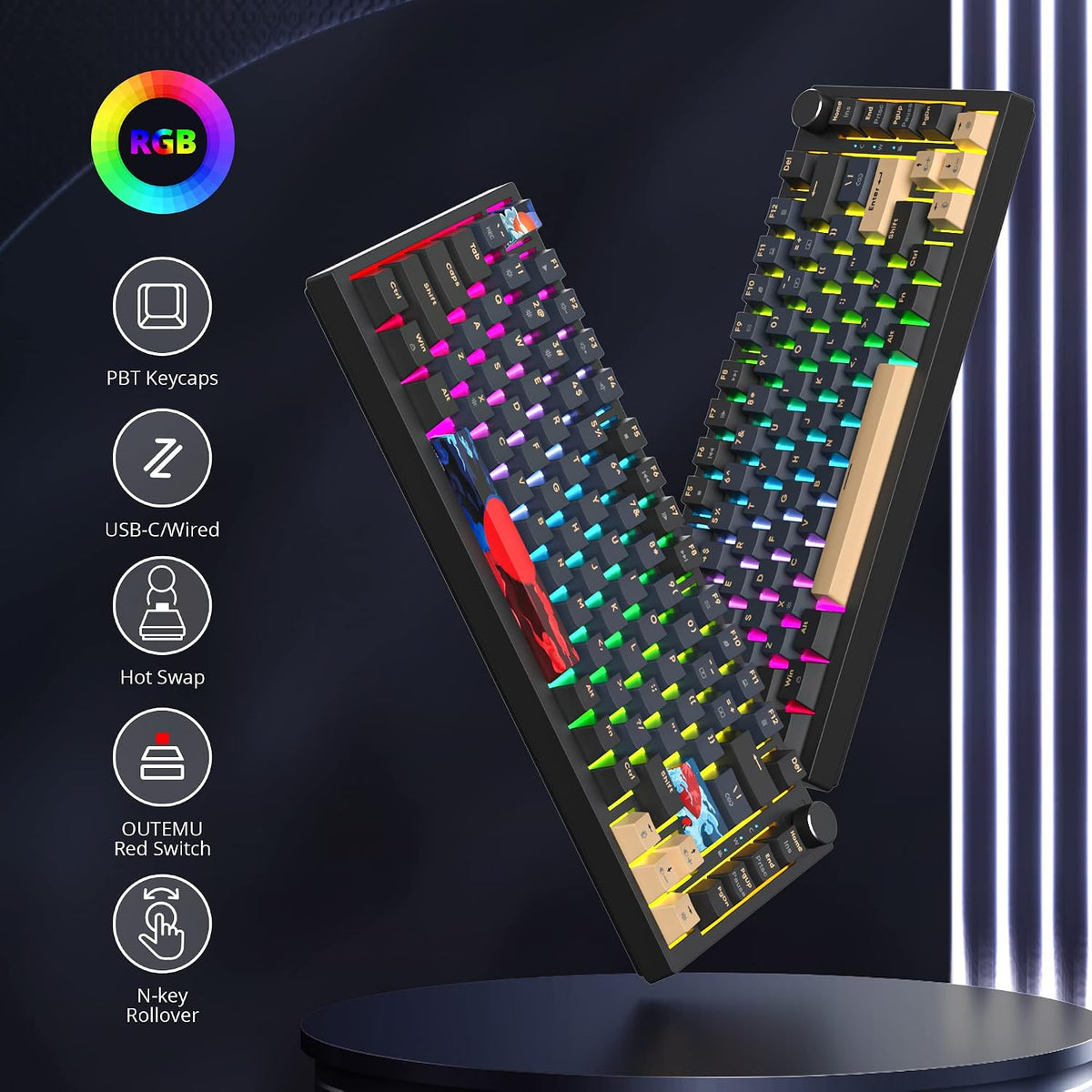 BlueSamurai 75% Wired Mechanical Gaming Keyboard - Hot Swappable, Red Switch, RGB Backlit 82 Keys TKL Mechanical Keyboard with Volume Control Knob