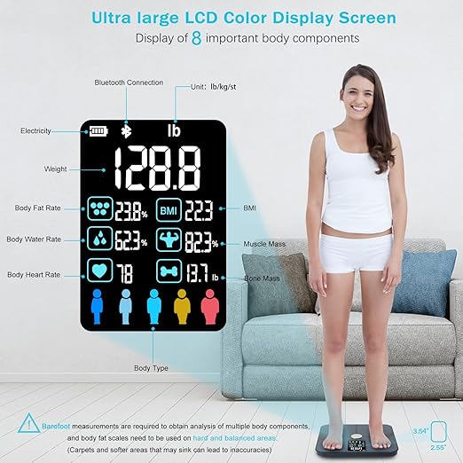 Multi Functional LCD Large Screen Intelligent Digital Body Fat Scale, Tempered Glass Bathroom Scale, Body Composition Analyzer with Smartphone Application and Bluetooth synchronous Scale