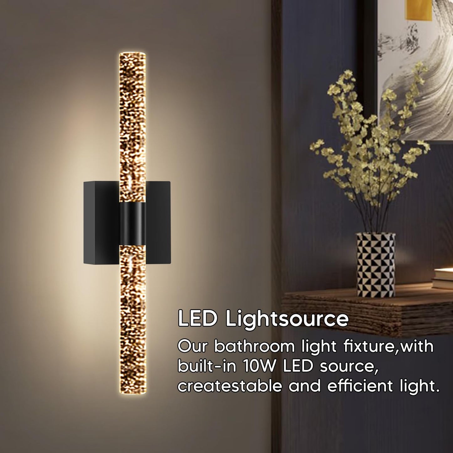 DZW 10000mAh Battery Operated Wall Sconce Set of Two,16.9 Inch Rechargeable Modern Crystal Bathroom Sconces,LED Wall Sconce, 3000K-6000K Dimmable Wall Lights for Vanity Living Room, Bedroom, Hallway