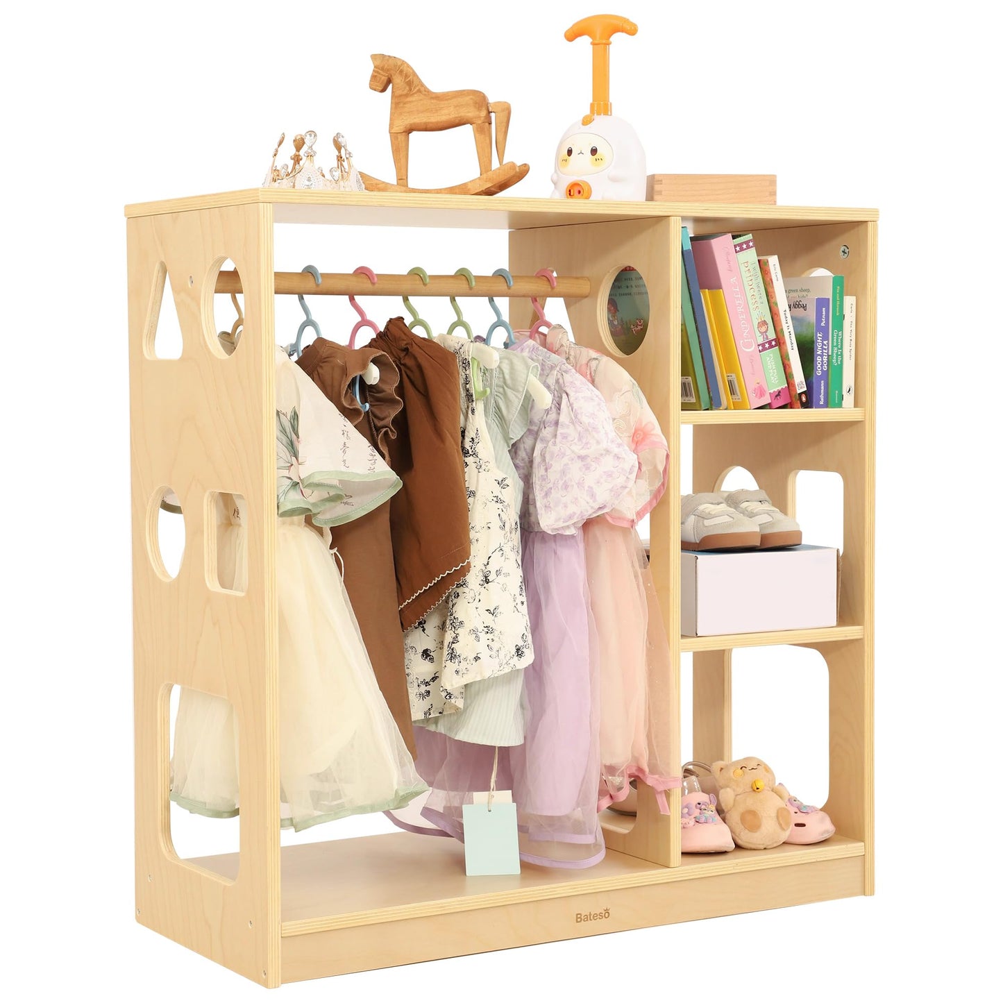 Bateso Kids Dress Up Storage for 1-3 Years Old Boys and Girls, Wooden Kids Wardrobe with Open Hanging Costume Area and Stroage Shelves, Baby Closet Organizer Center for Bedroom, Playroom