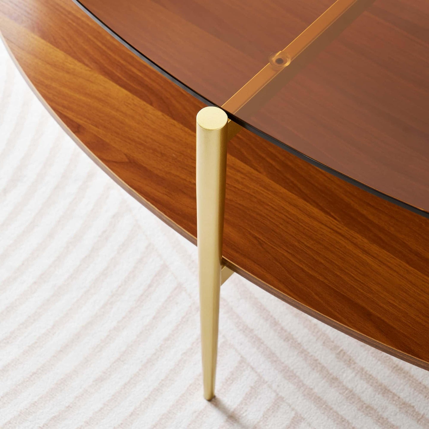 LumFurn Oval Glass Coffee Table, Mid-Century Modern Design, L43 x W22 x H17 inch, 2-Tier Structure, Olive Shaped Amber Glass Top and Walnut Finish Wood Shelf, Tapered Legs with Gold Finish Frame