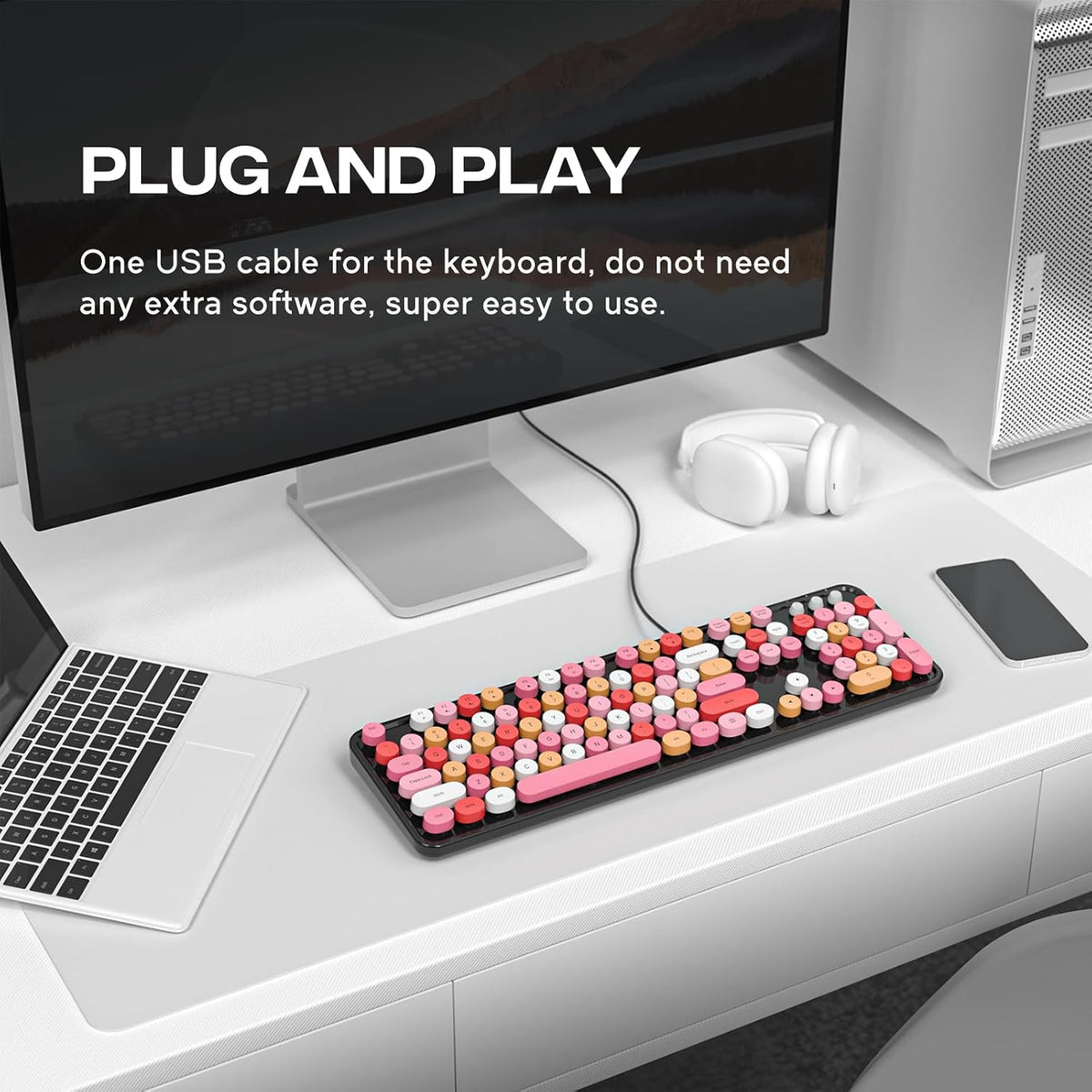 Dilter Wired Keyboard, 104 Keys Full-Sized Typewriter Keyboards, USB Plug and Play Office Keyboard with Number Pad, Caps Indicators for Windows 7 8 10, PC, Laptop, Desktop (Black Colorful)