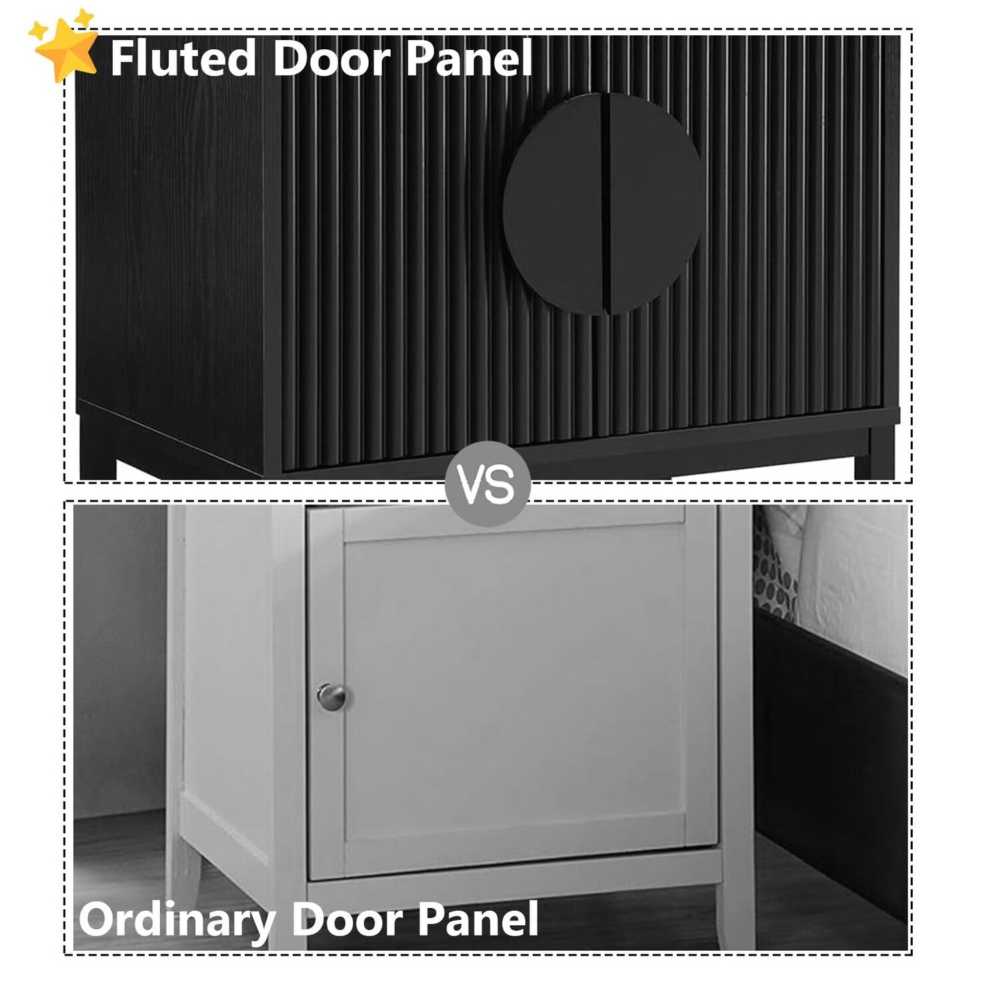 conifferism Modern Black Night Stand 24" Wide with Solid Wood Doors, Bedroom Nightstand 24" Tall Bedside Tables, Mid Century Vintage Fluted Sofa End Side Table Living Room
