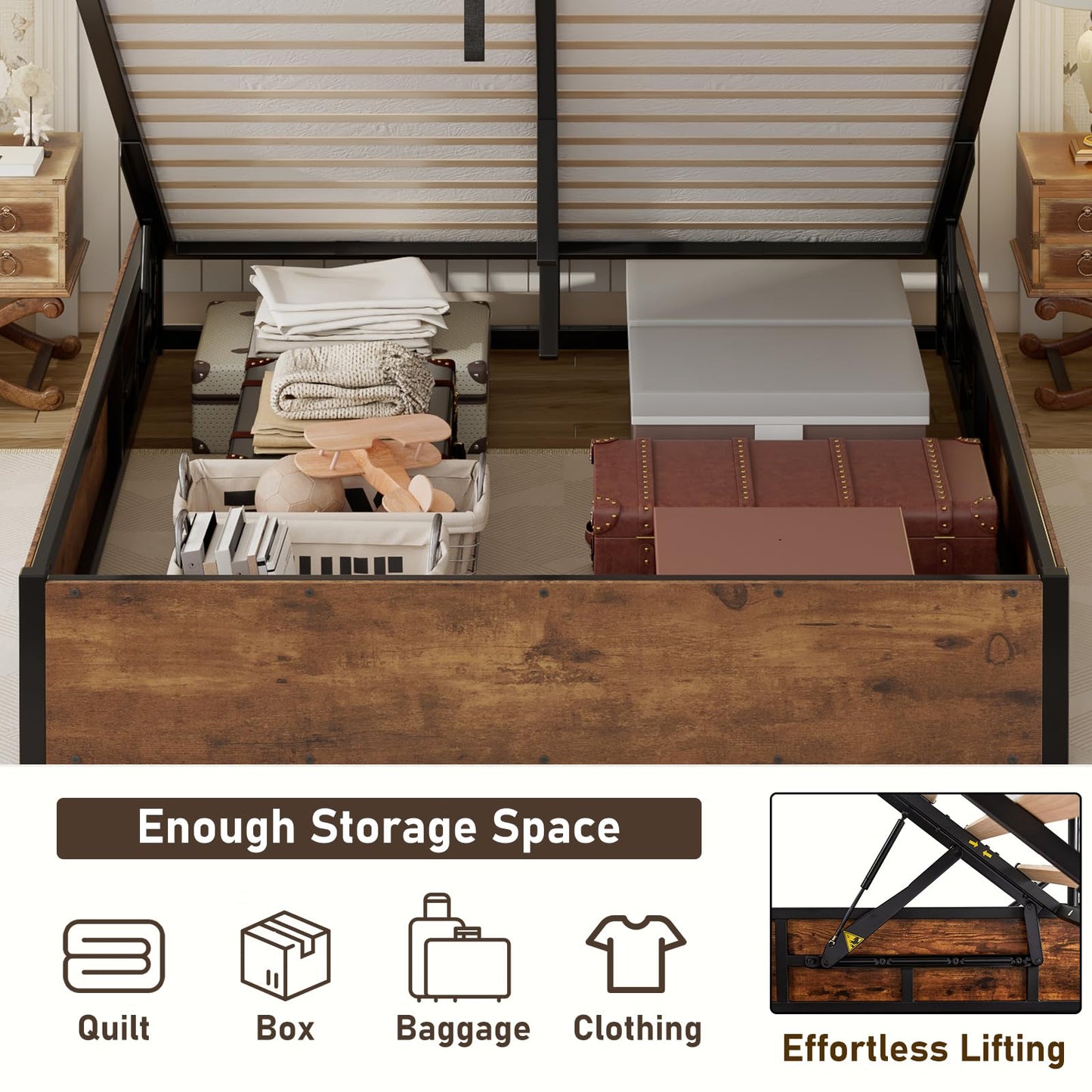 LUXOAK 3 Pieces Bedroom Sets, Includes King Size Lift Up Storage Platform Bed Frame, 2 Drawers Farmhouse Nightstand Set of 2 with Charging Station, No Box Spring Needed, Rustic Brown