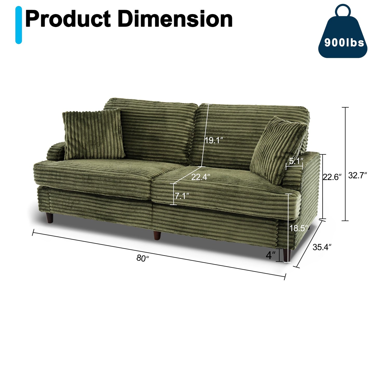 Ribilake 80 Inch Sofa Couch, Comfy Love Seat Couches for Living Room, Mid Century Modern Oversized Two Seater Couch, Plush Corduroy Deep Seat Sofas for Bedroom, Small Space Apartment, Green