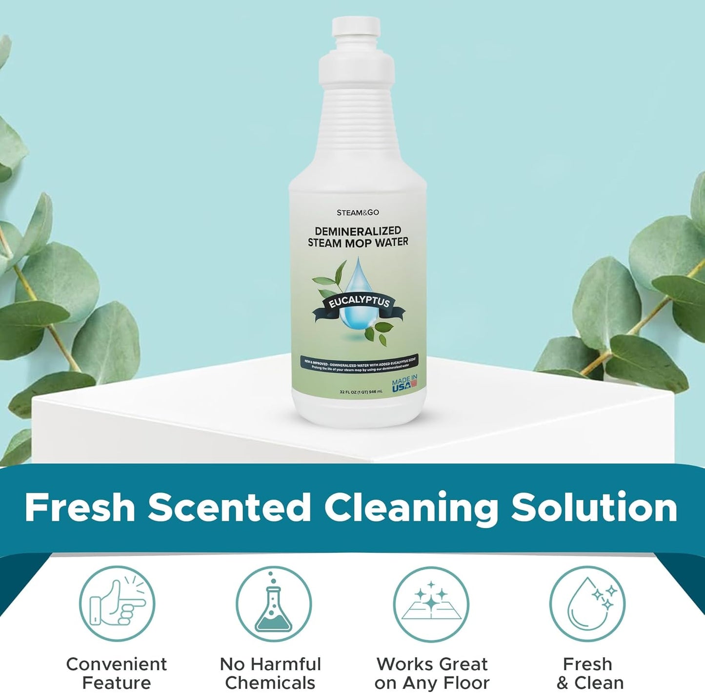 Steam and Go Demineralized Water - Multi-Surface Cleaning Solution for Steam Mop, Ready-to-Use Floor Cleaner, Ideal for Home & Office, Compatible w/Any Steam Mop - Eucalyptus Mint, 32oz, Pack of 12