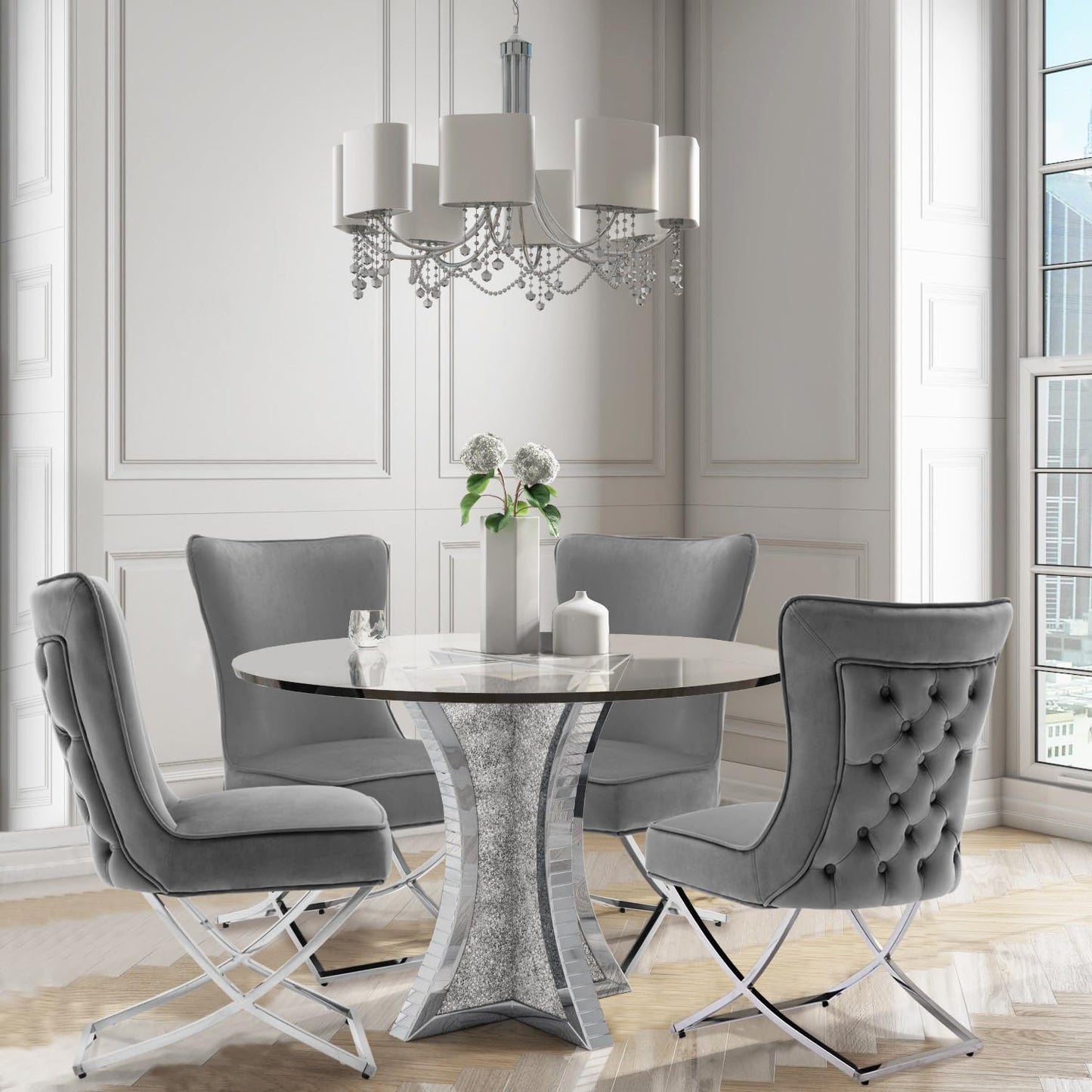 LOULENS Elegance Velvet Dining Chairs Set of 4, Luxurious Upholstered Tufted Dining Room Chairs, Glam Royal Velvet Accent Chairs with Stainless Steel Legs, Dark Grey